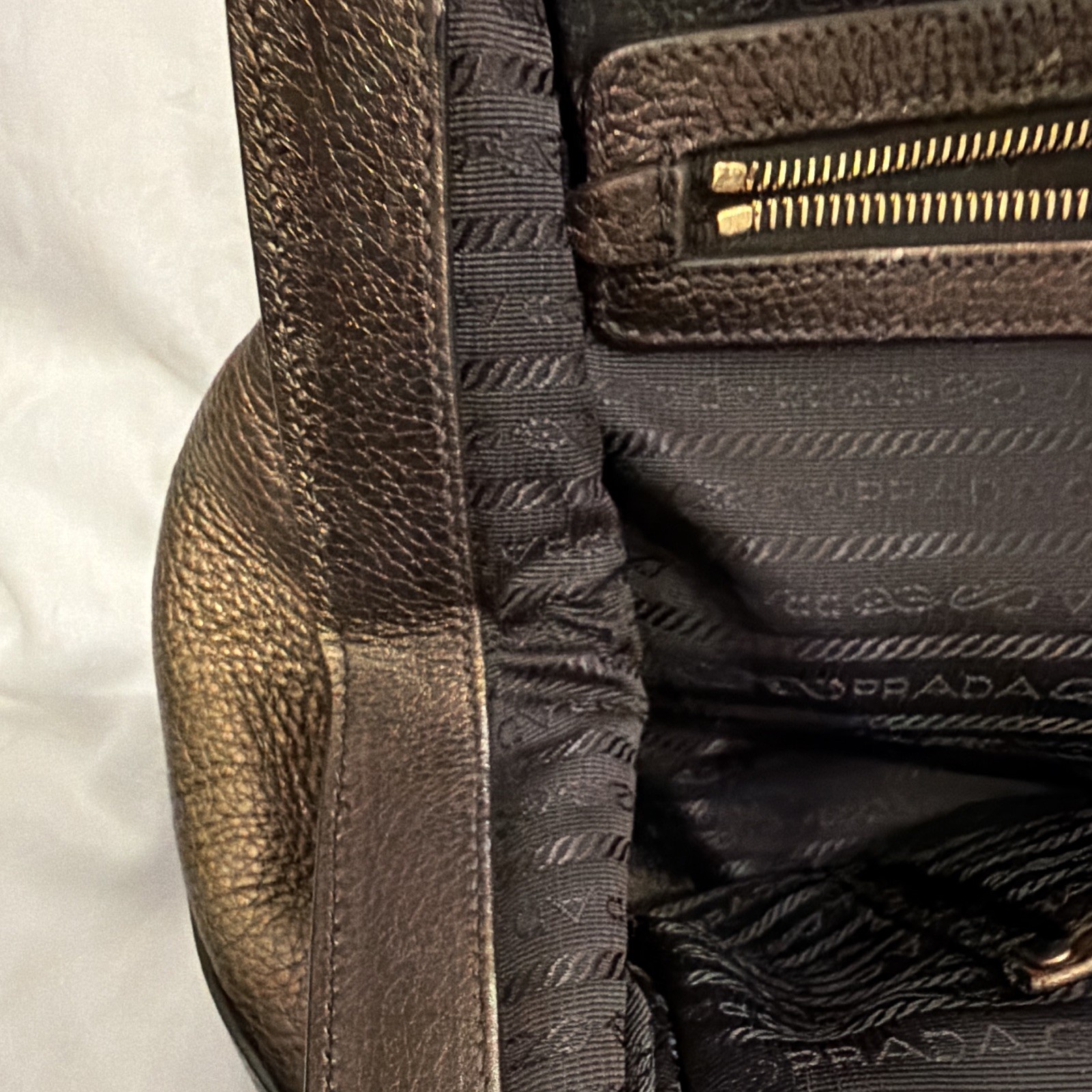 PRADA Brown Pebbled Satchel Top Handle Double Handles Zip Logo Bag Charm