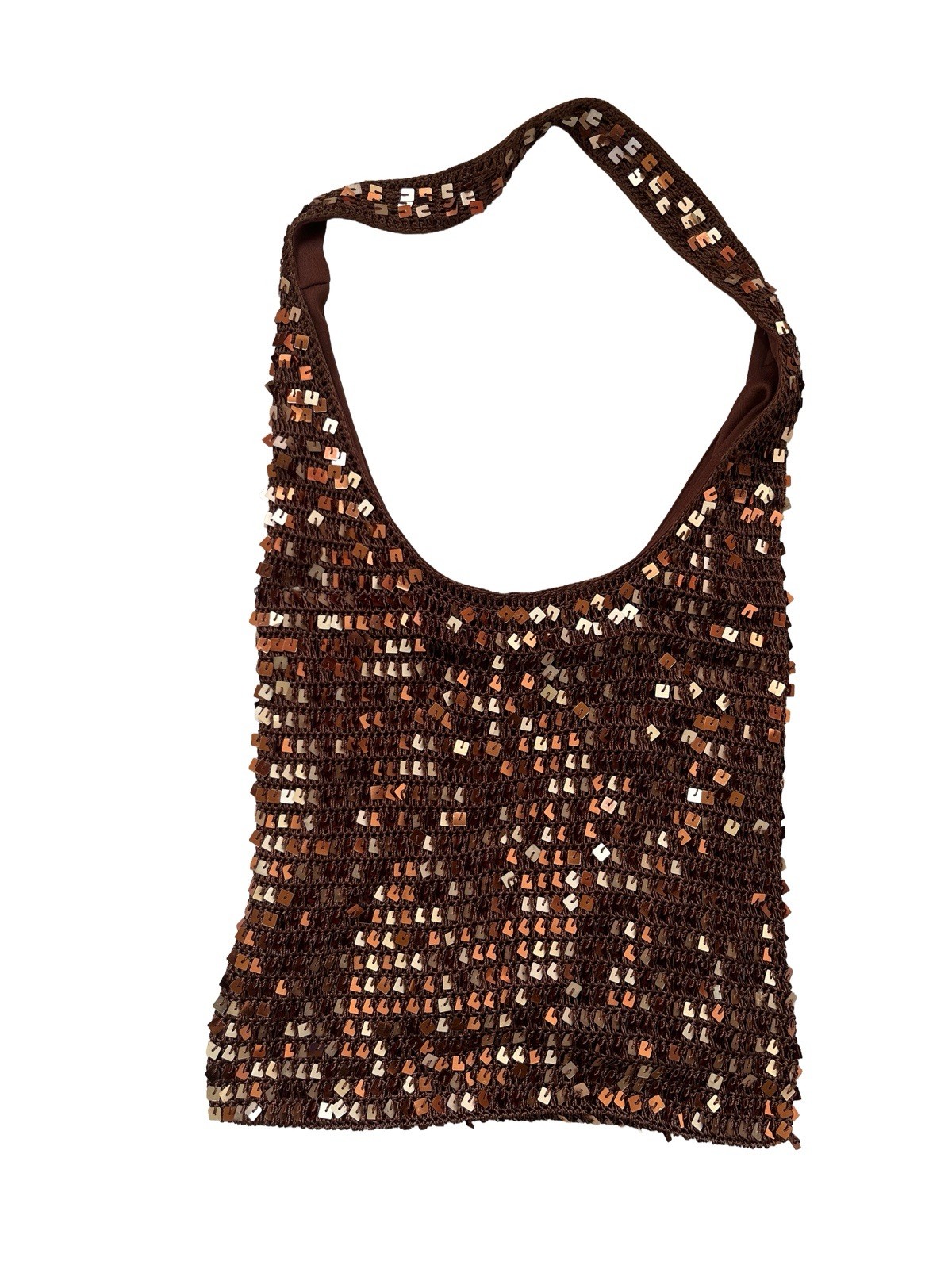 Crochet Sequined Brown Shoulder Bag