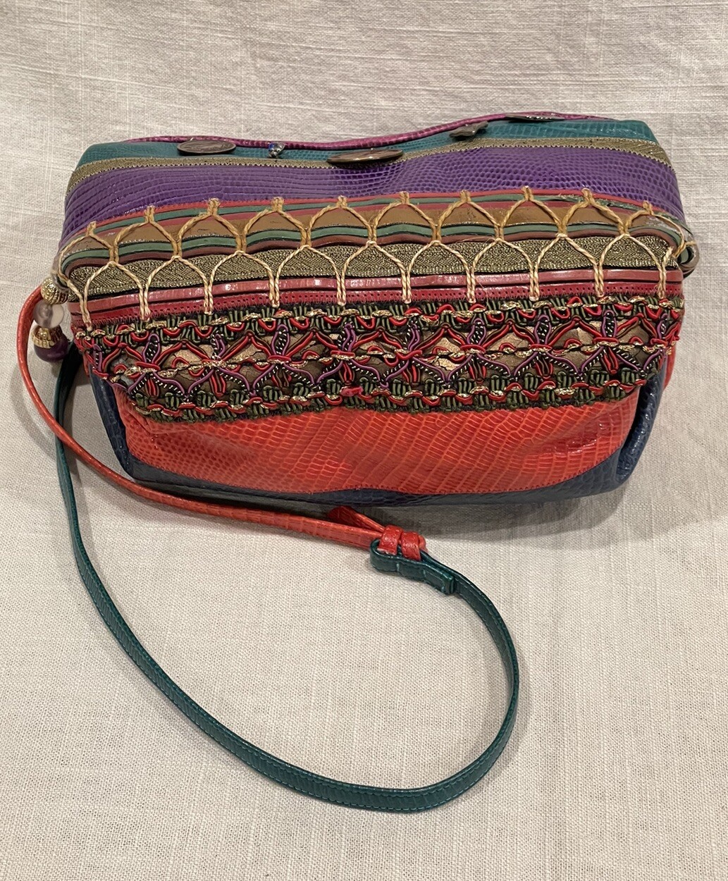 Sharif USA Round Shoulder Bag With Charms Coins & Feather Color Block 90s Y2k