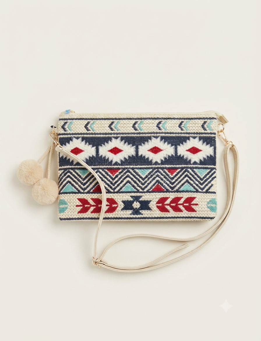 Boho Southwestern Geometric Embroidered Crossbody Bag Cream Blue Red Tribal