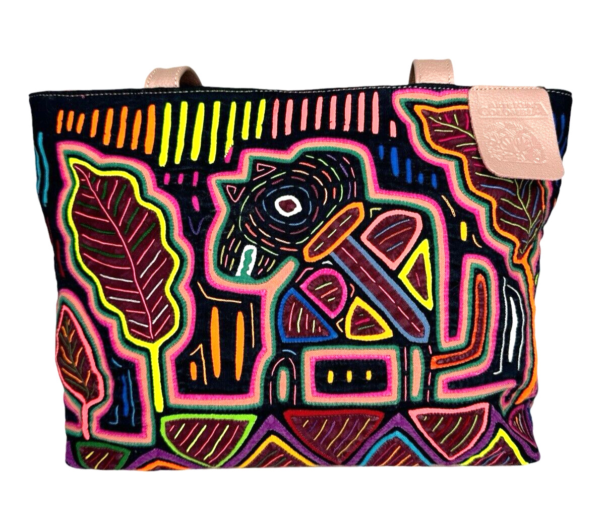 Arte Kuna Colombia Leather Shoulder Bag – Mola Design, Lined, Multiple Pockets