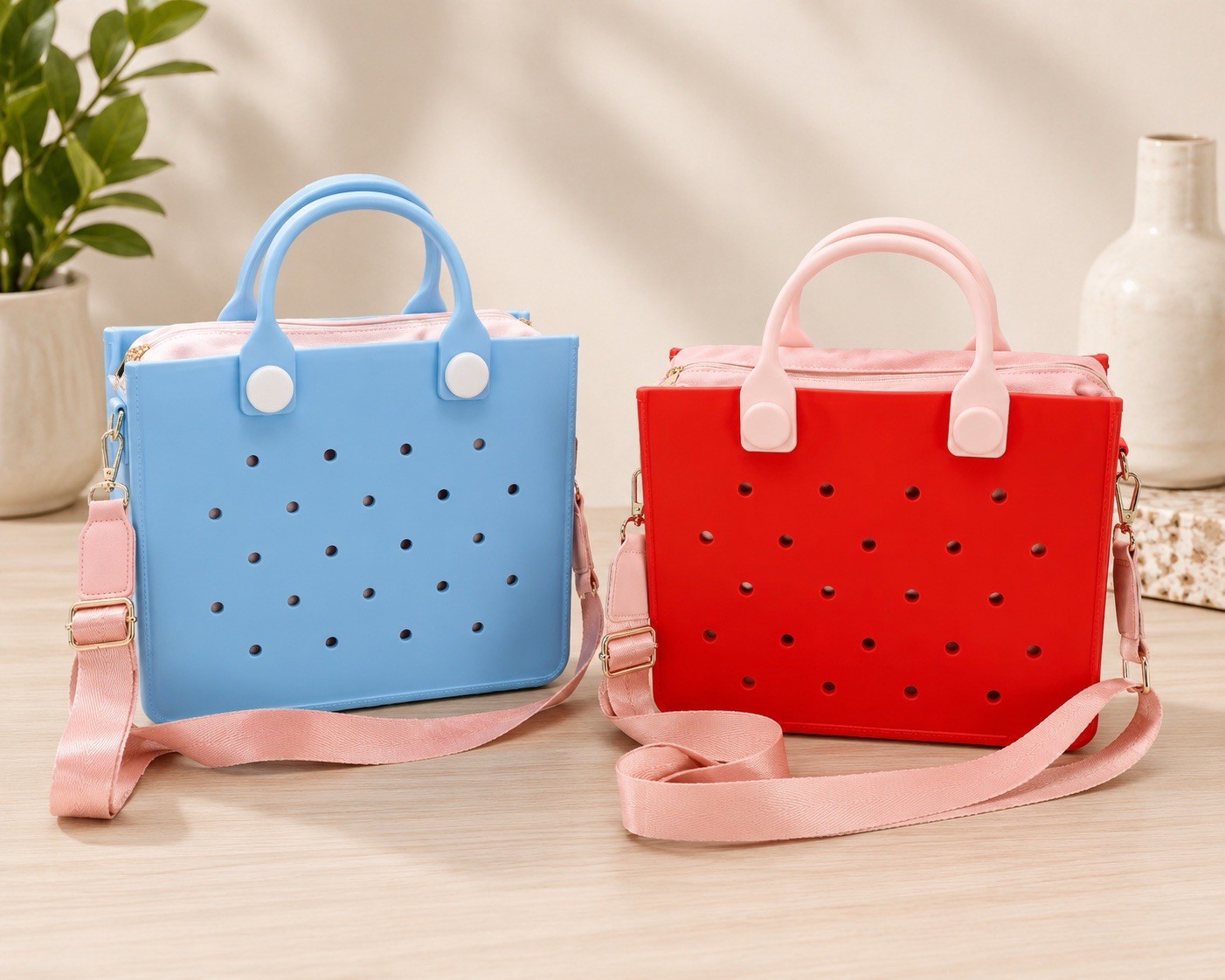 Lot of 2 Purses, BLUE &, RED, L Perforated Waterproof Beach Tote Bag Top