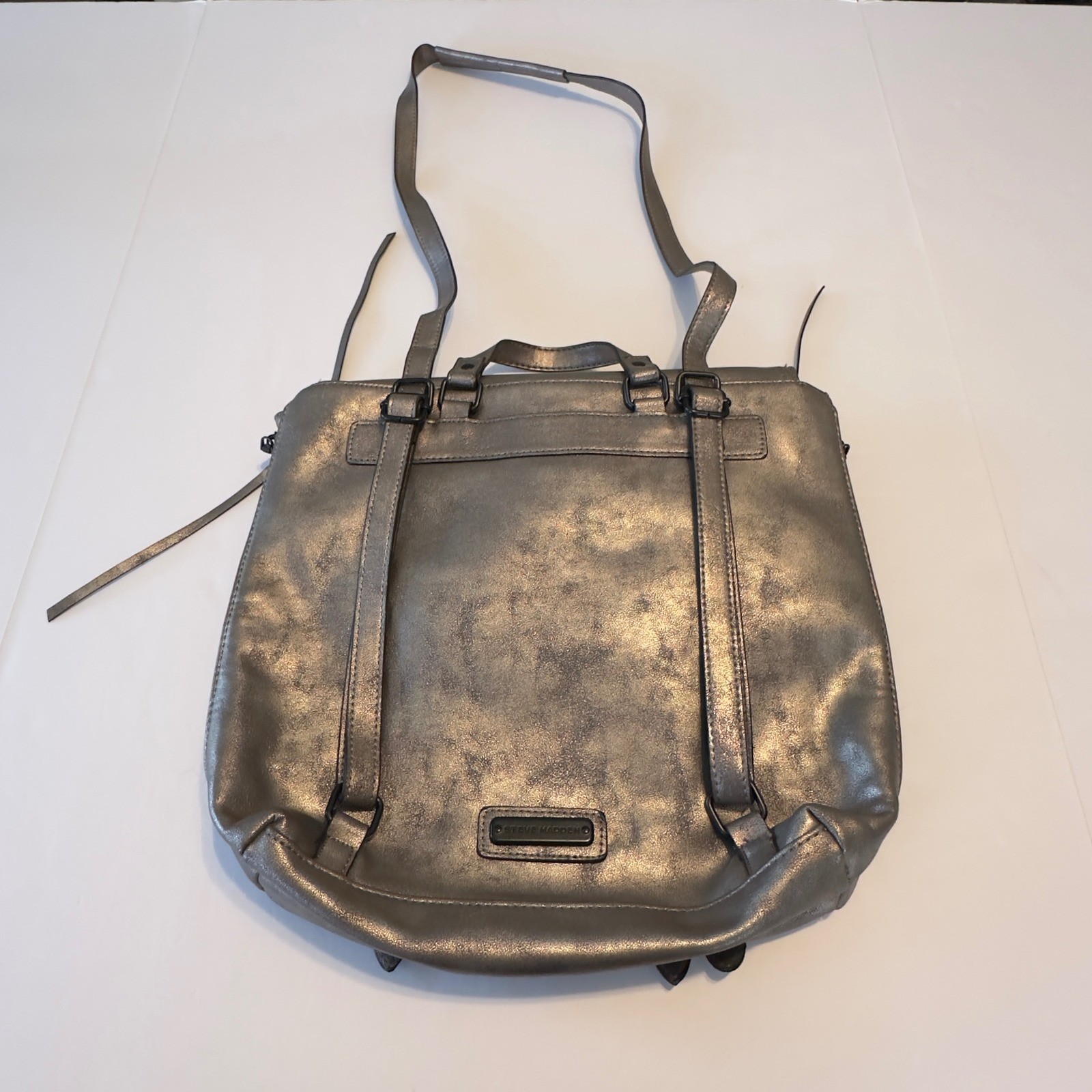 Steve Madden Metallic Silver Convertible Backpack Crossbody Bag Leopard Lining
