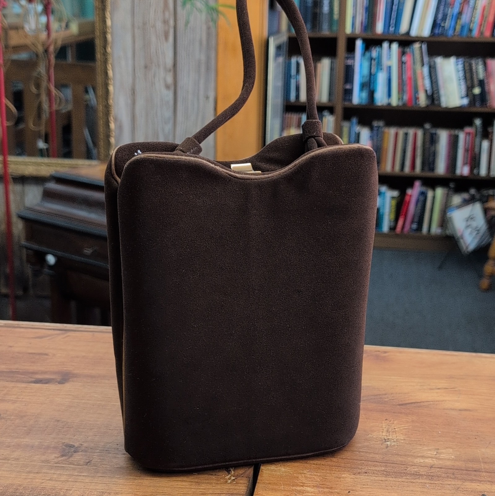 Brown Top Handle Frame Bag, Gold Hardware Clasp, Inner Pockets, Black Lining