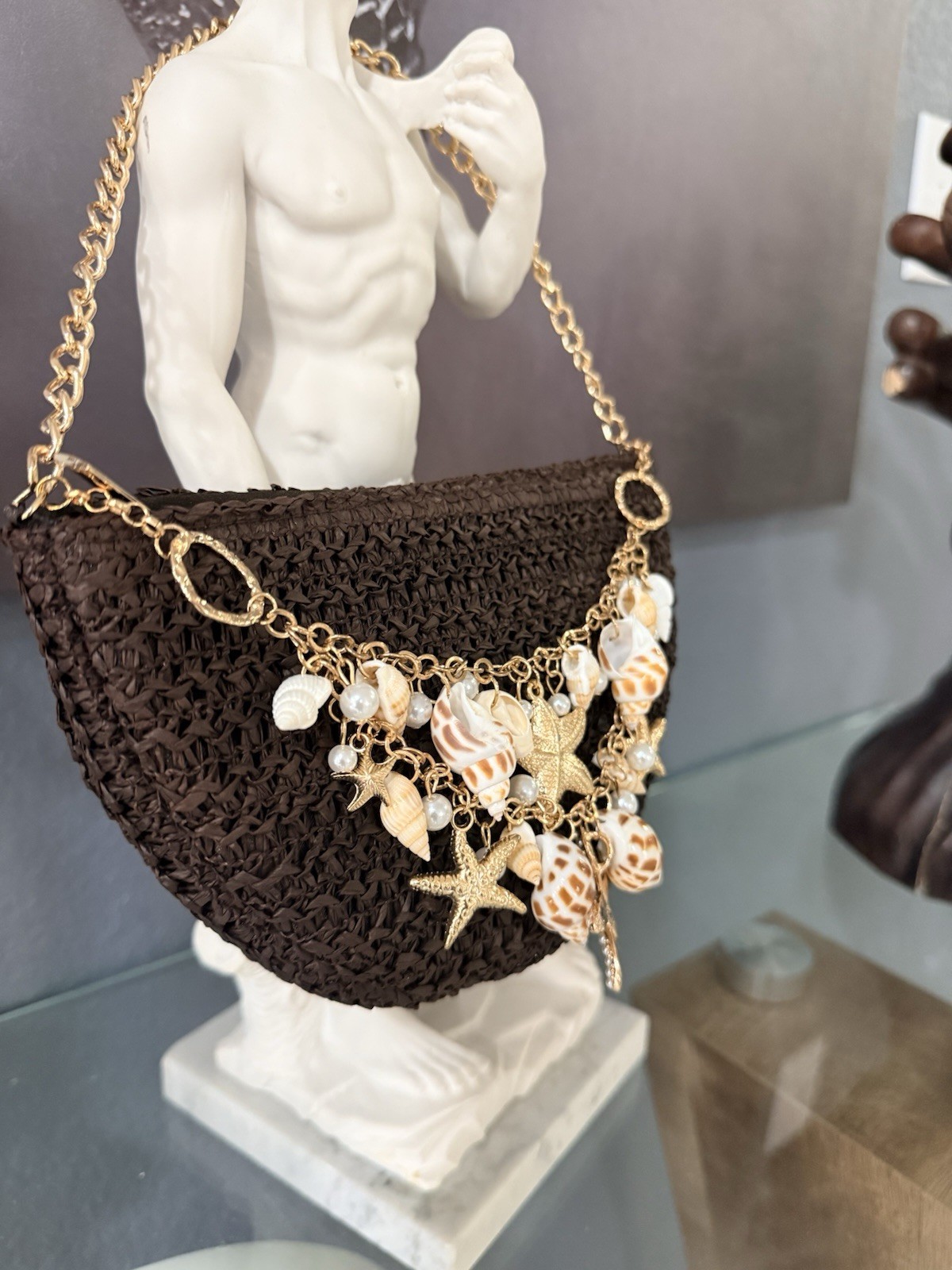 Woven Straw Shoulder Bag with Gold Chain Shell Starfish Brown