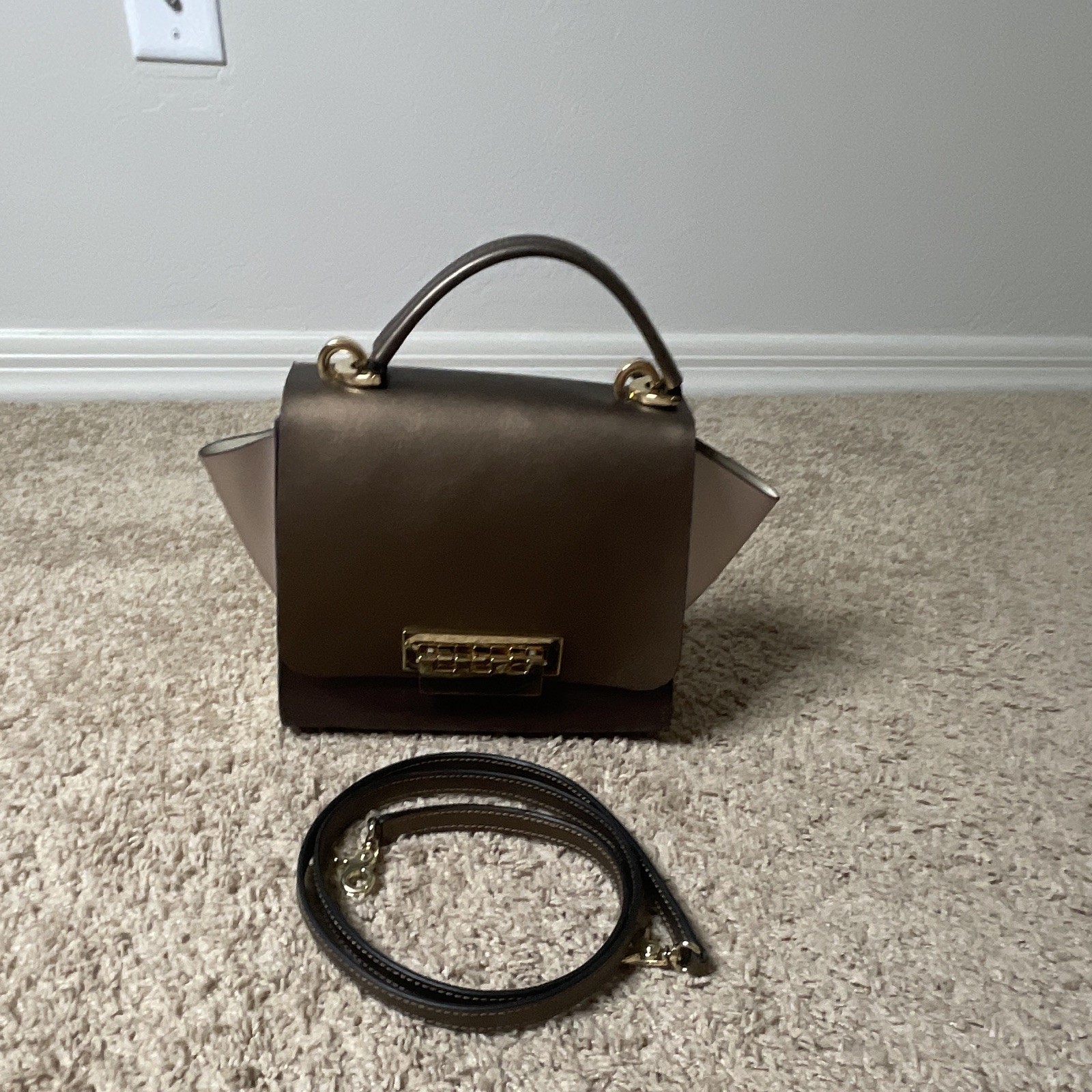 Zac Posen Brown Satchel Top Handle Detach Strap Turn Lock Gold Hardware Small