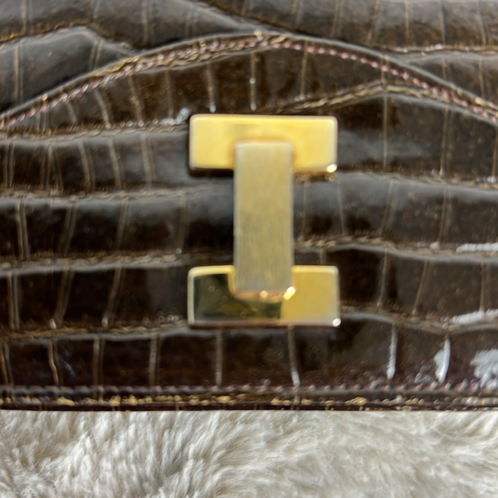 Bienen Davis Vintage Croc Embossed Structured Flap Bag Gold Chain Old Money