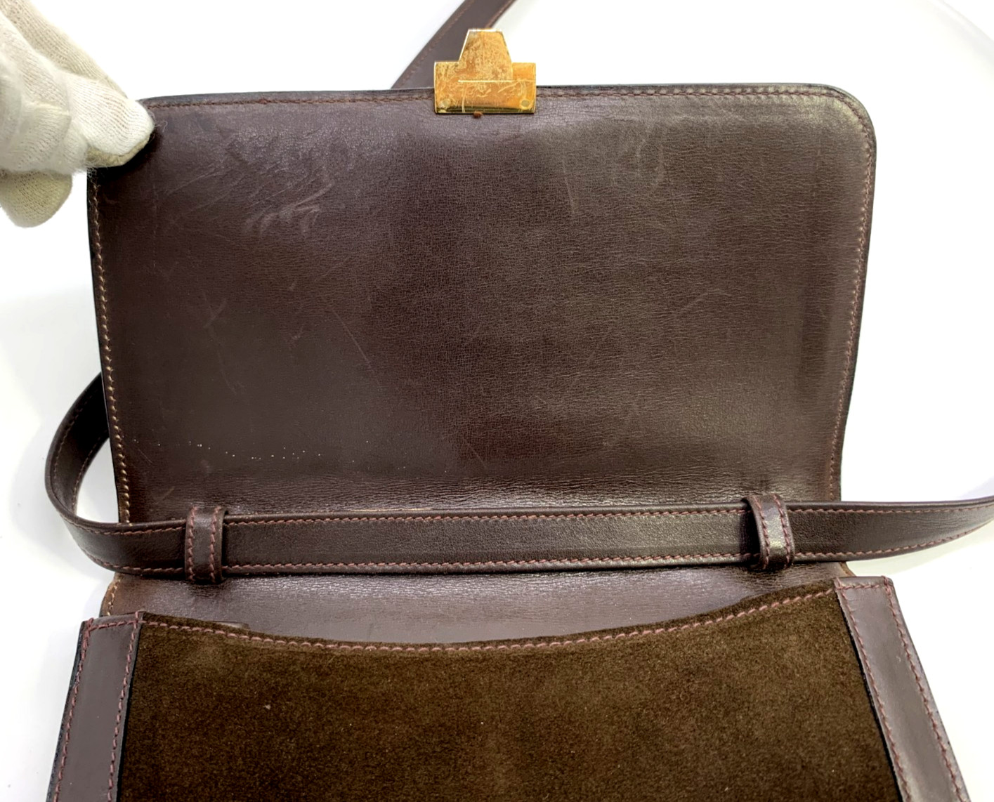 GUCCI VINTAGE Web Stripe Shoulder Bag Suede Leather Brown Classic Authentic