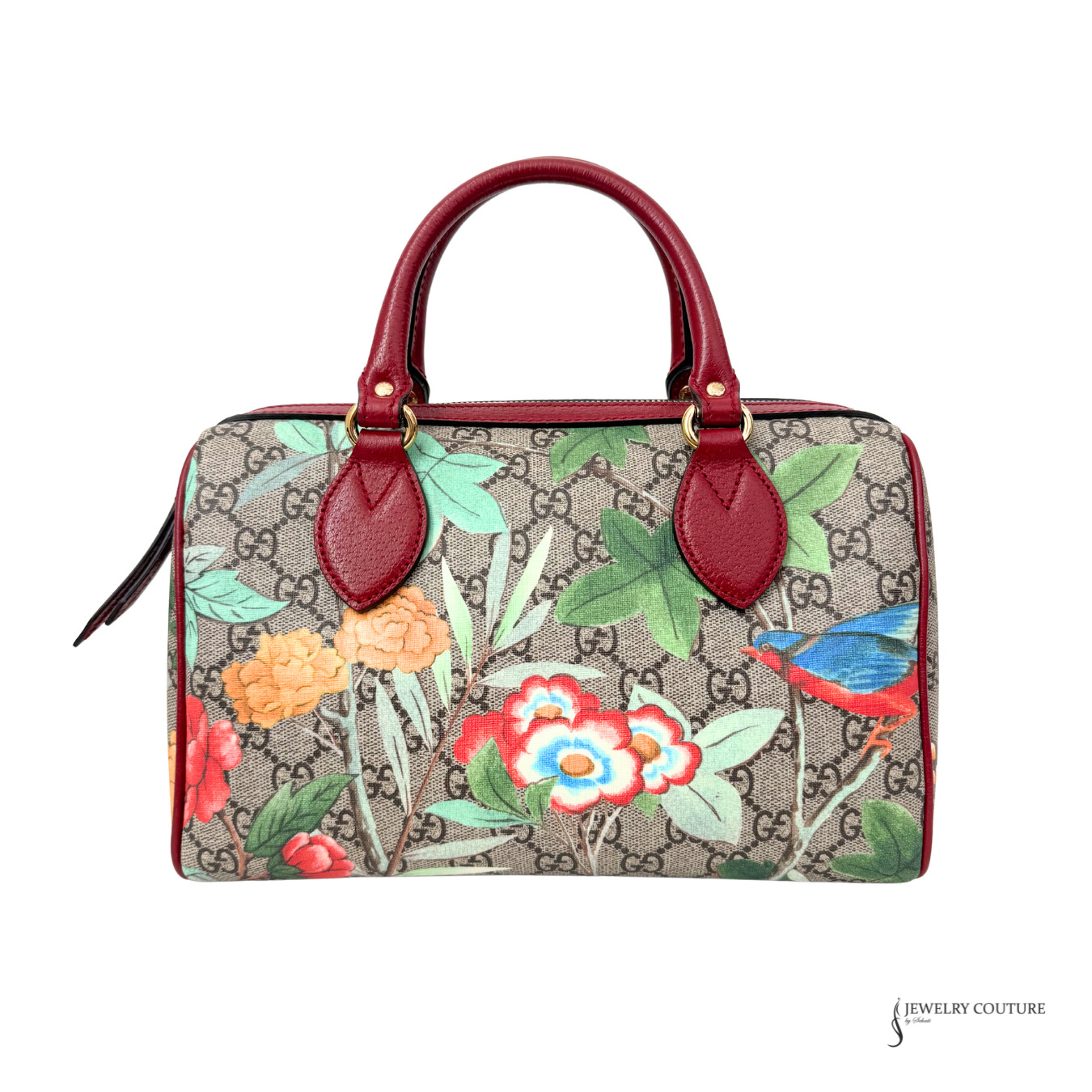 Gucci GG Supreme Tian Small Boston Bag Beige Floral Coated Canvas Handbag Purse