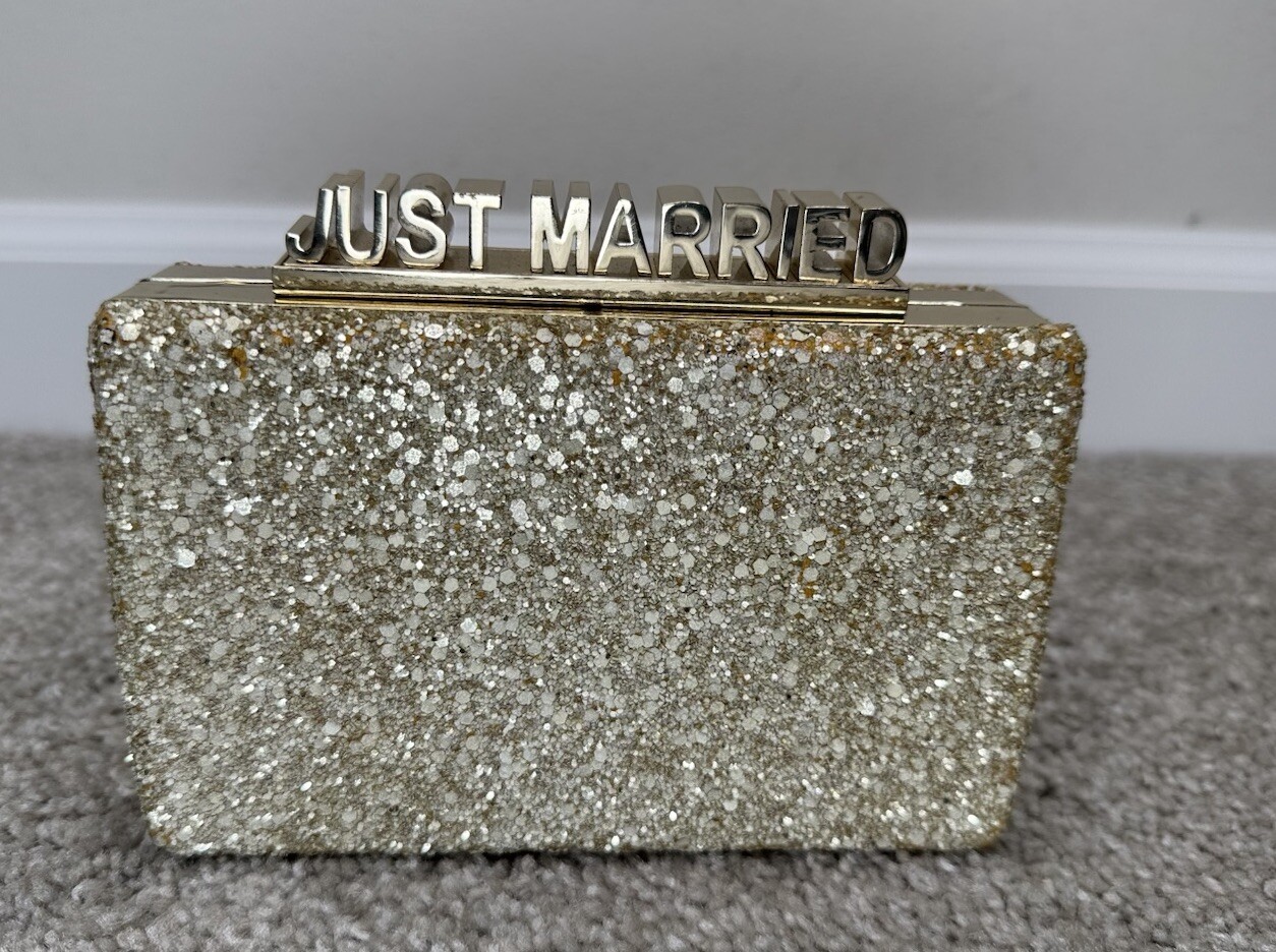 Kate Spade Wedding Belles “Just Married” Gold Glitter Clutch or Shoulder Bag HTF