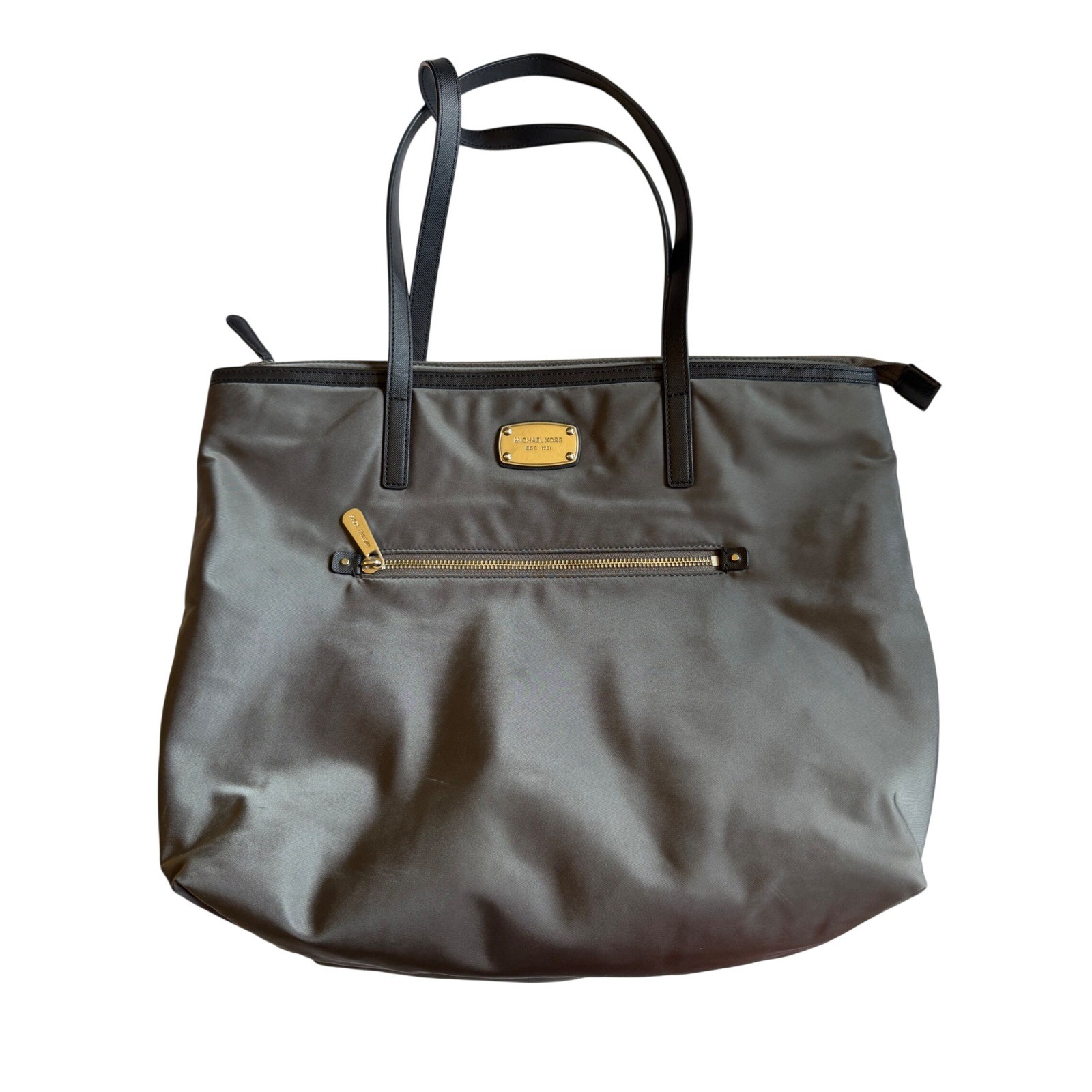 Michael Kors Polly Large Grey Nylon Tote Bag Black Leather Trim 38S5XMTT3C