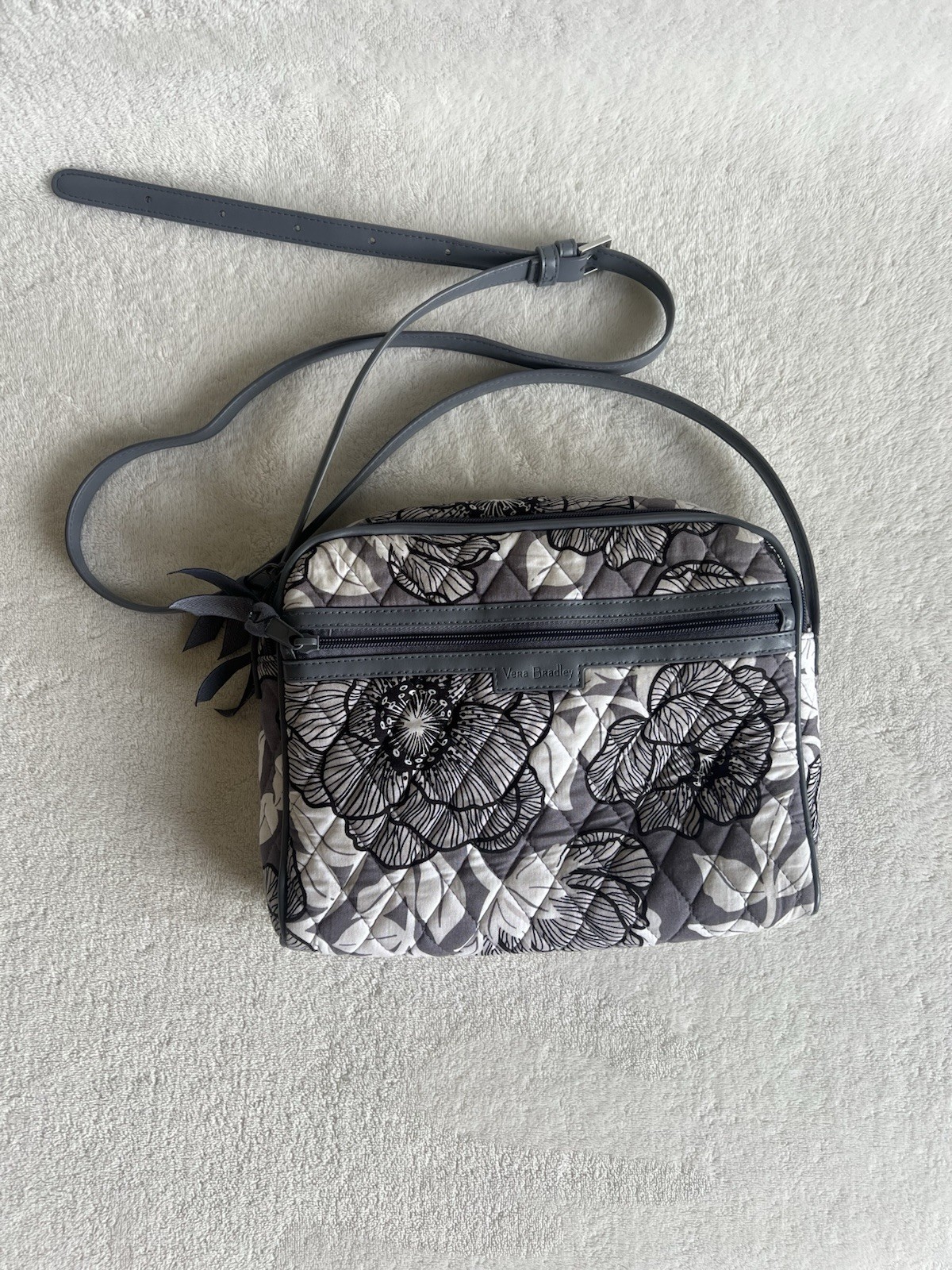 Vera Bradley Gray White Black Floral Small Crossbody Bag Zip, Adjustable Strap