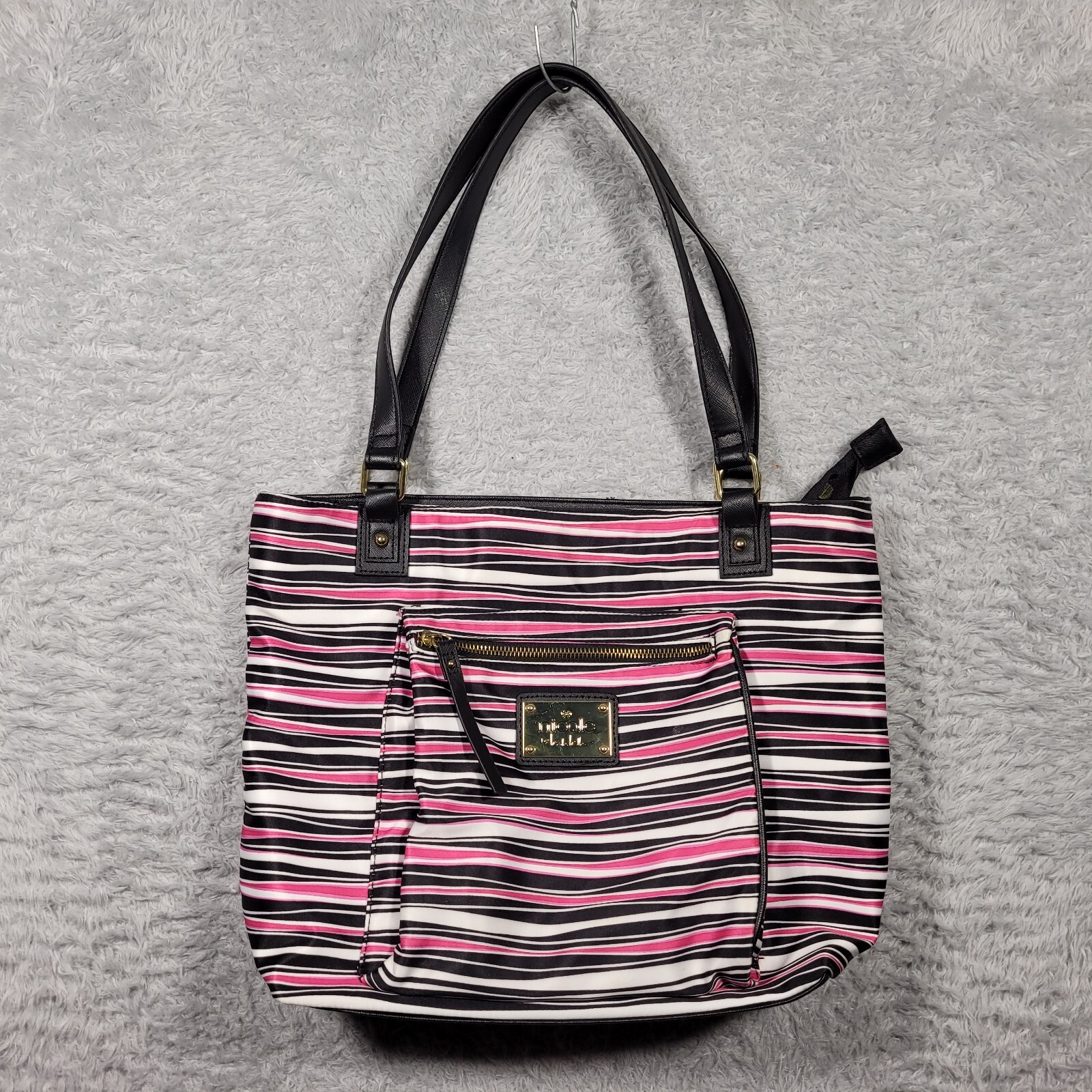 Nicole Miller Purse Bag Pink Striped Pockets Zip