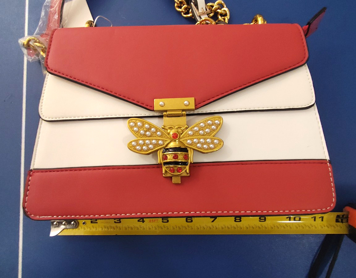 Jen & Co Red White Bee Clasp Crossbody Bag Pearl Gold Chain Vegan Leather