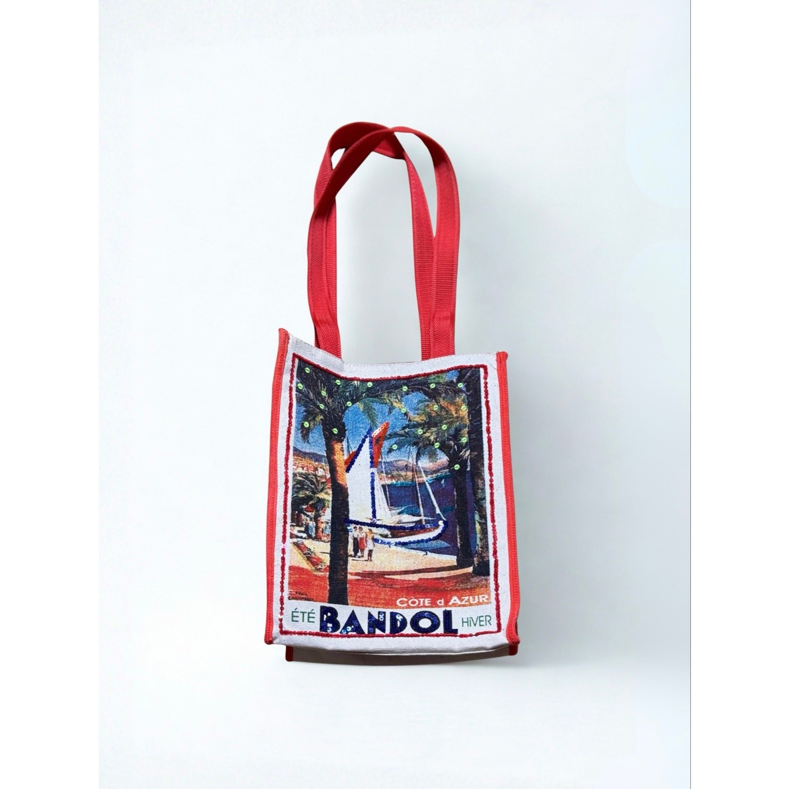 Art Deco Euro Tote Bag Bandol French Riviera Print Sequined Details
