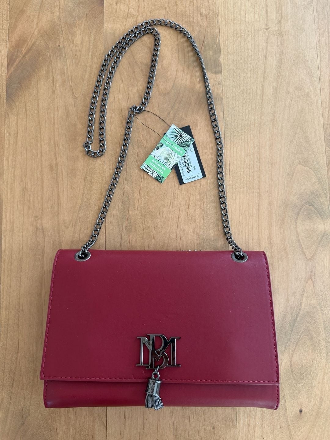 Badgley Mischka Metal Fringe Tassel Vegan Leather Red Crossbody Bag