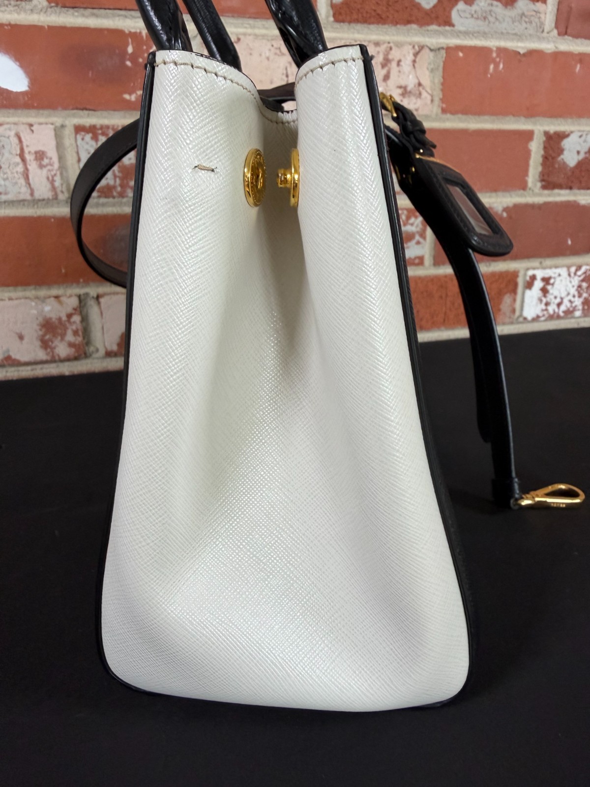 PRADA Black Saffiano Lux Bicolor Tote Small (FULL SET) Nero+Talco Leather Italy