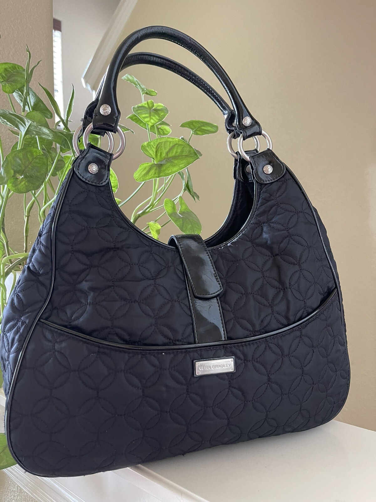 Vera Bradley Black Quilted Fabric HOBO Large 15 x 13 in Magnetic Flap Closure