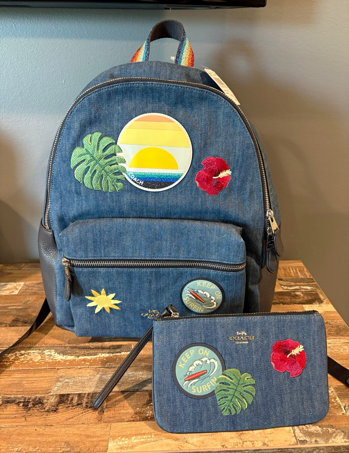 Coach Blue Zip Backpack w/ Pouch, Embroidered Logo, Lined Inner/Outer PocketsNWT