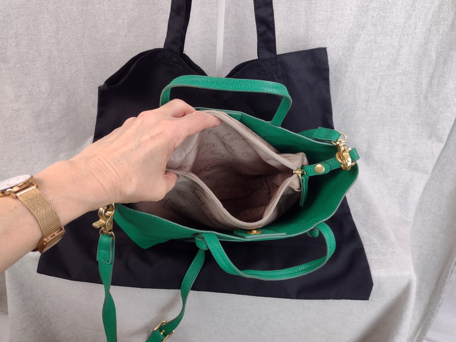 Foley and Corinna Green Handbag Pebbled Detach Shoulder Strap Medium Size