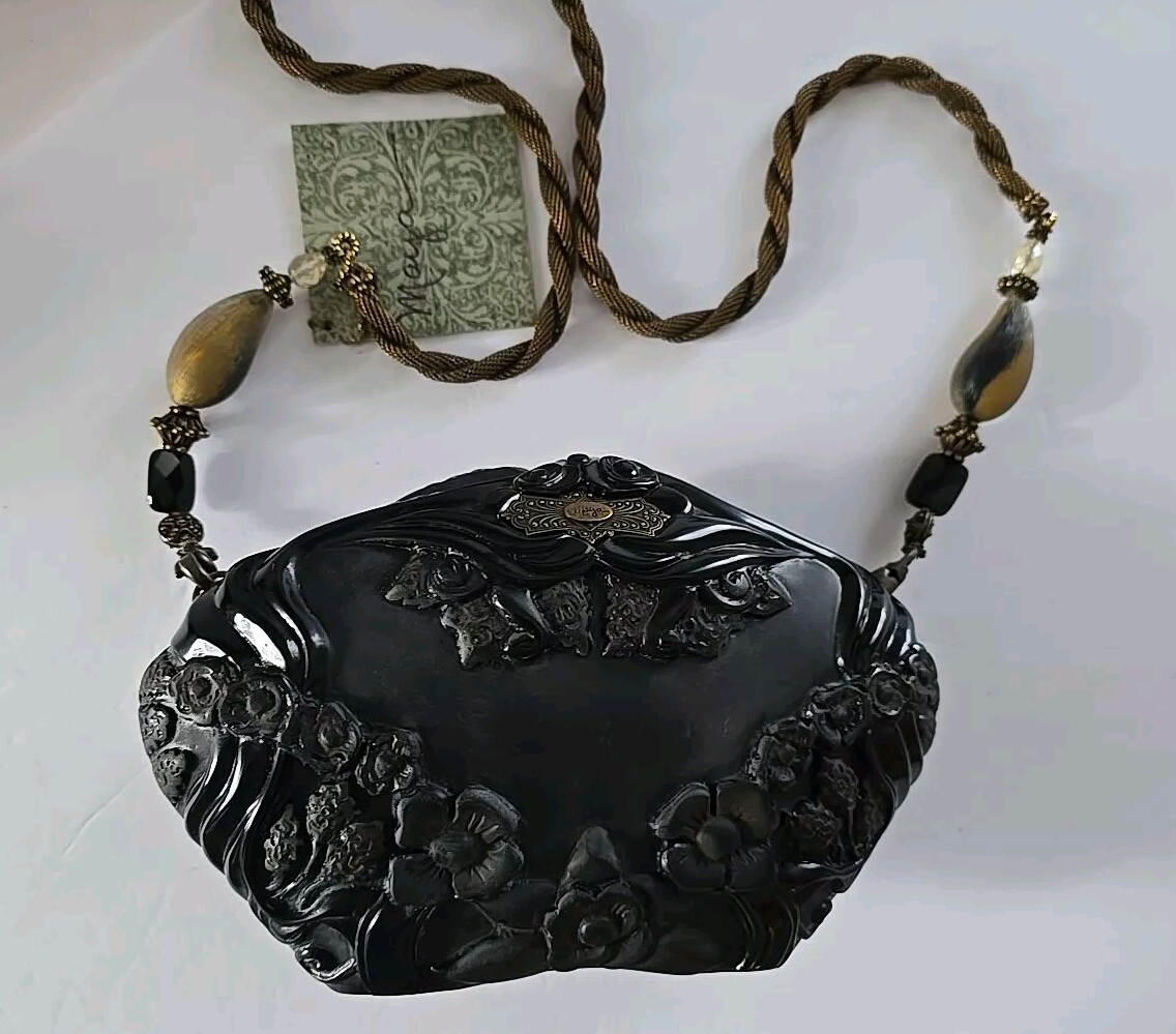 Maya Evangelista Black Burnish Handbag With Goddess Handmade Resin