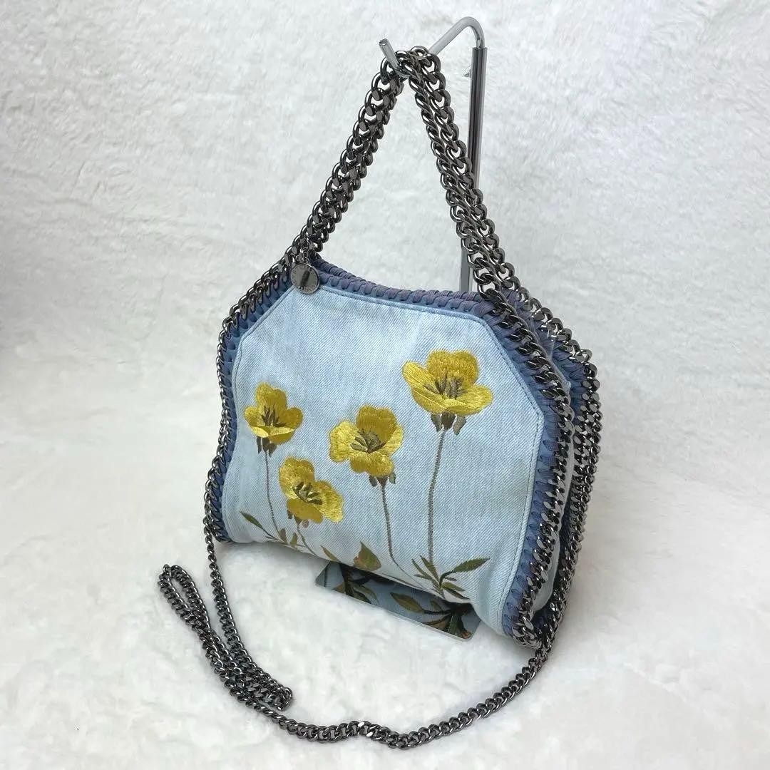 STELLA MCCARTNEY Falabella Tote bag Denim Floral embroidered 2way Authentic