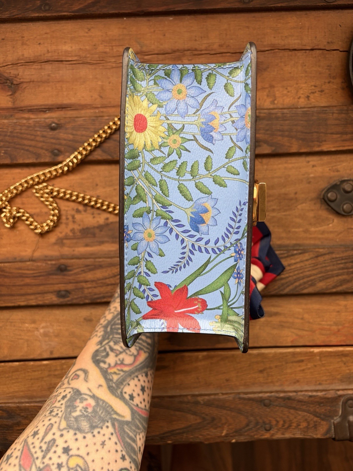 Authentic Gucci Sylvie Mini Azure Blue Flora Chain Bag Bow Ribbon Mint Full Set