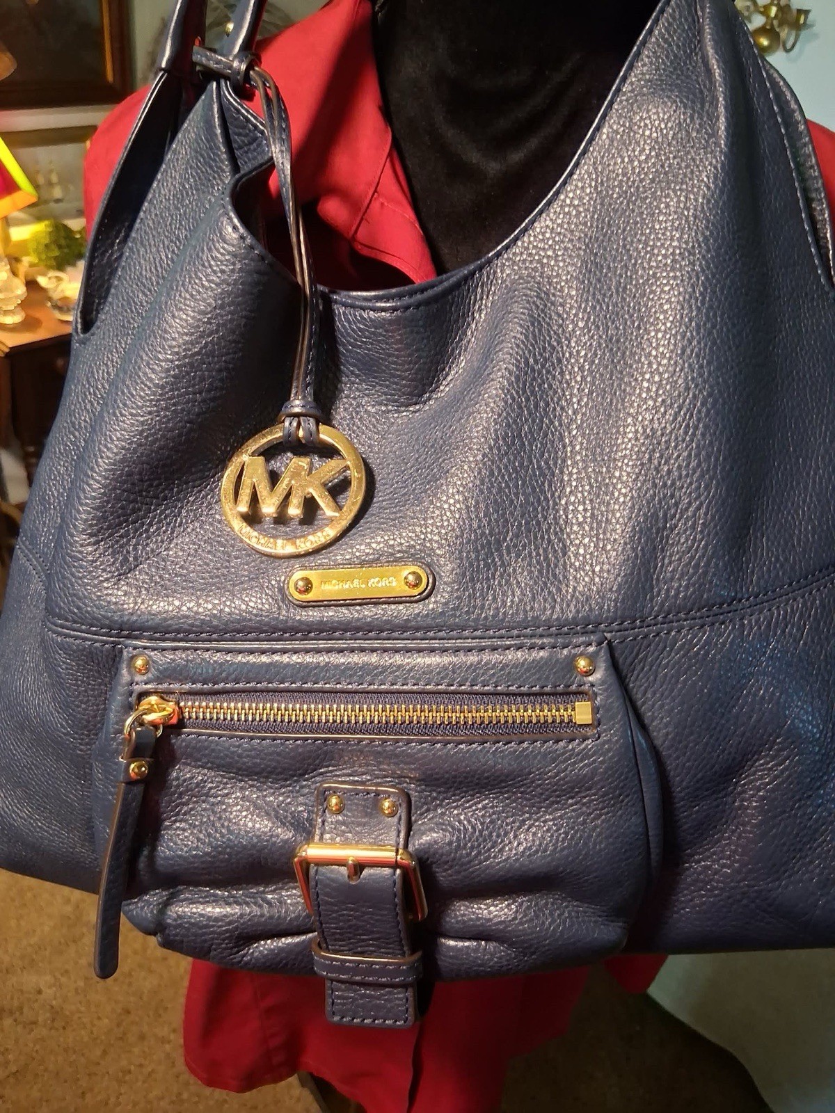 Michael Kors Austin Blue Pebbled Leather Shoulder Bag Lg. Gold Accents W/Charm