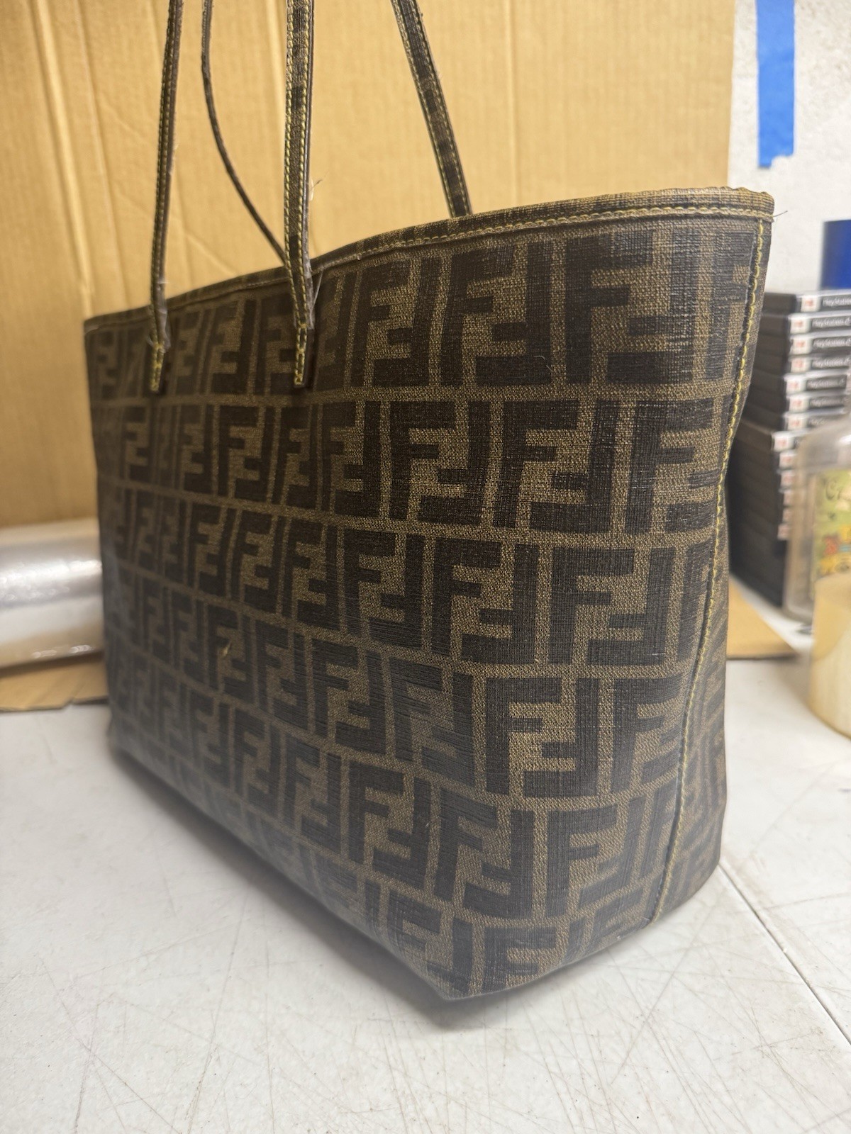 Fendi Zucca FF Roll Tote Bag Brown Canvas Leather Large Authentic 8BH185