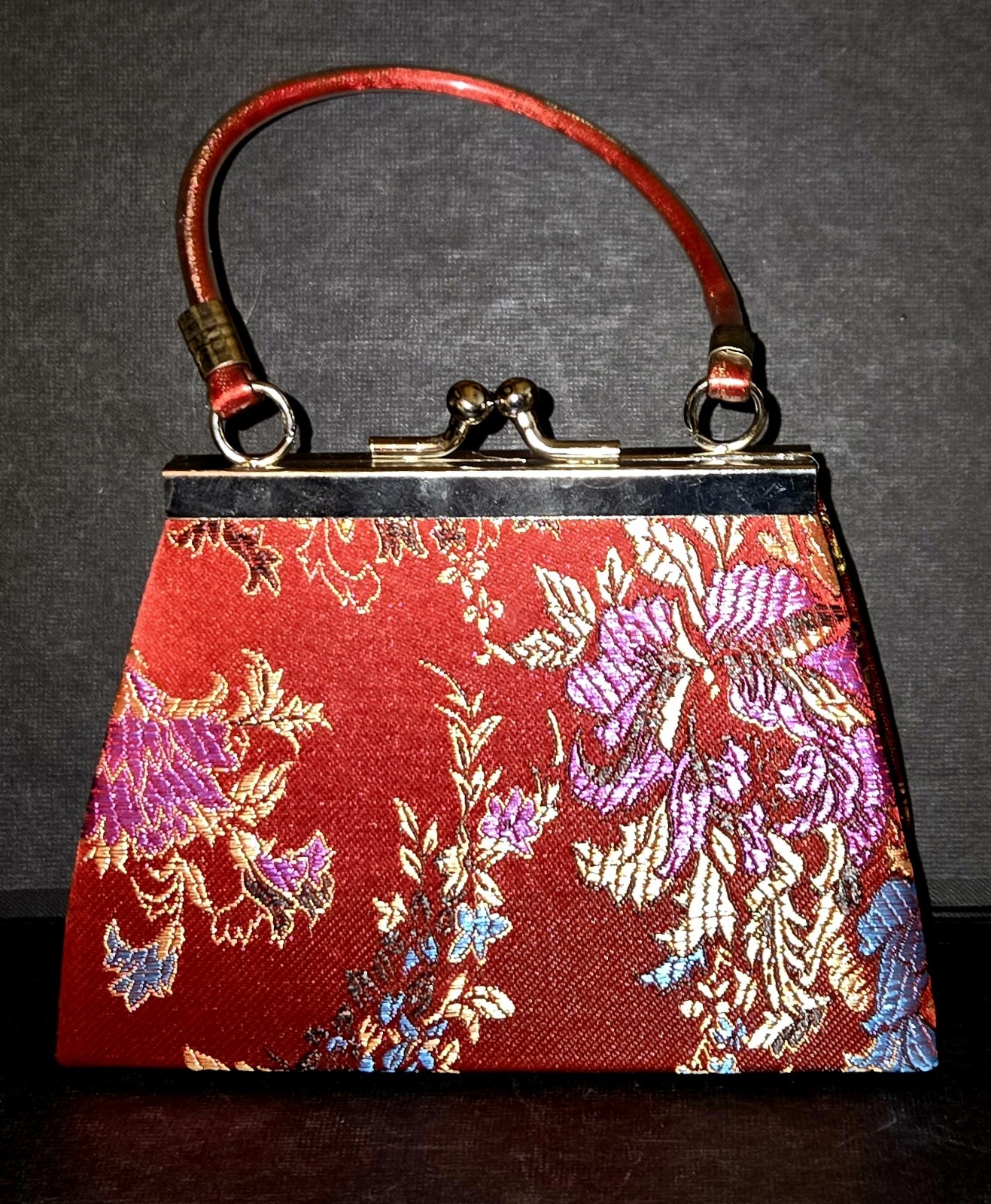 Mini Purse Evening Cocktail Kimono Fabric Red Asian Floral Kiss Closure Qipao