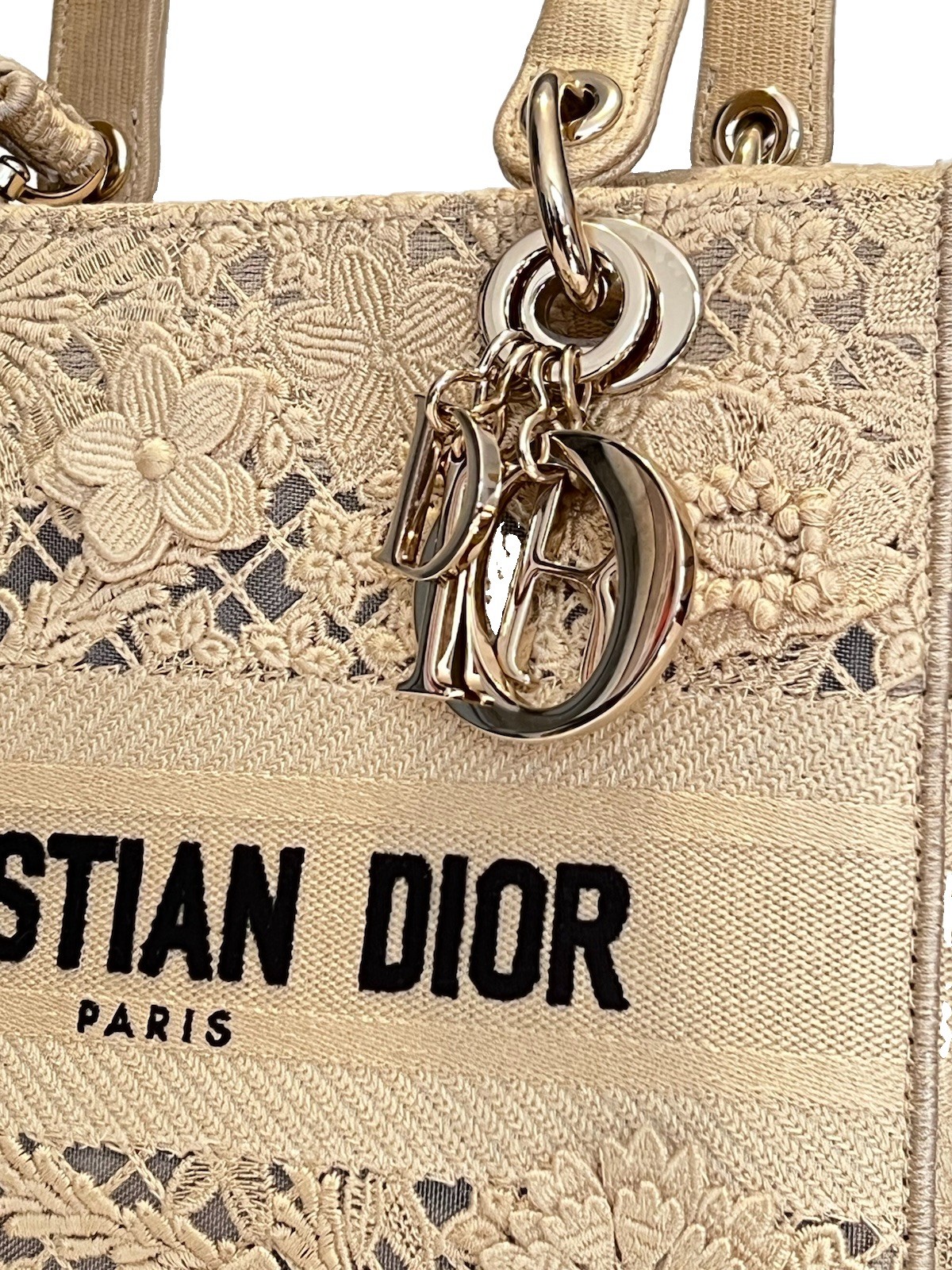 Christian Dior Small Lady D-Lite Natural Lace Embroidery Tote Bag w/ cards