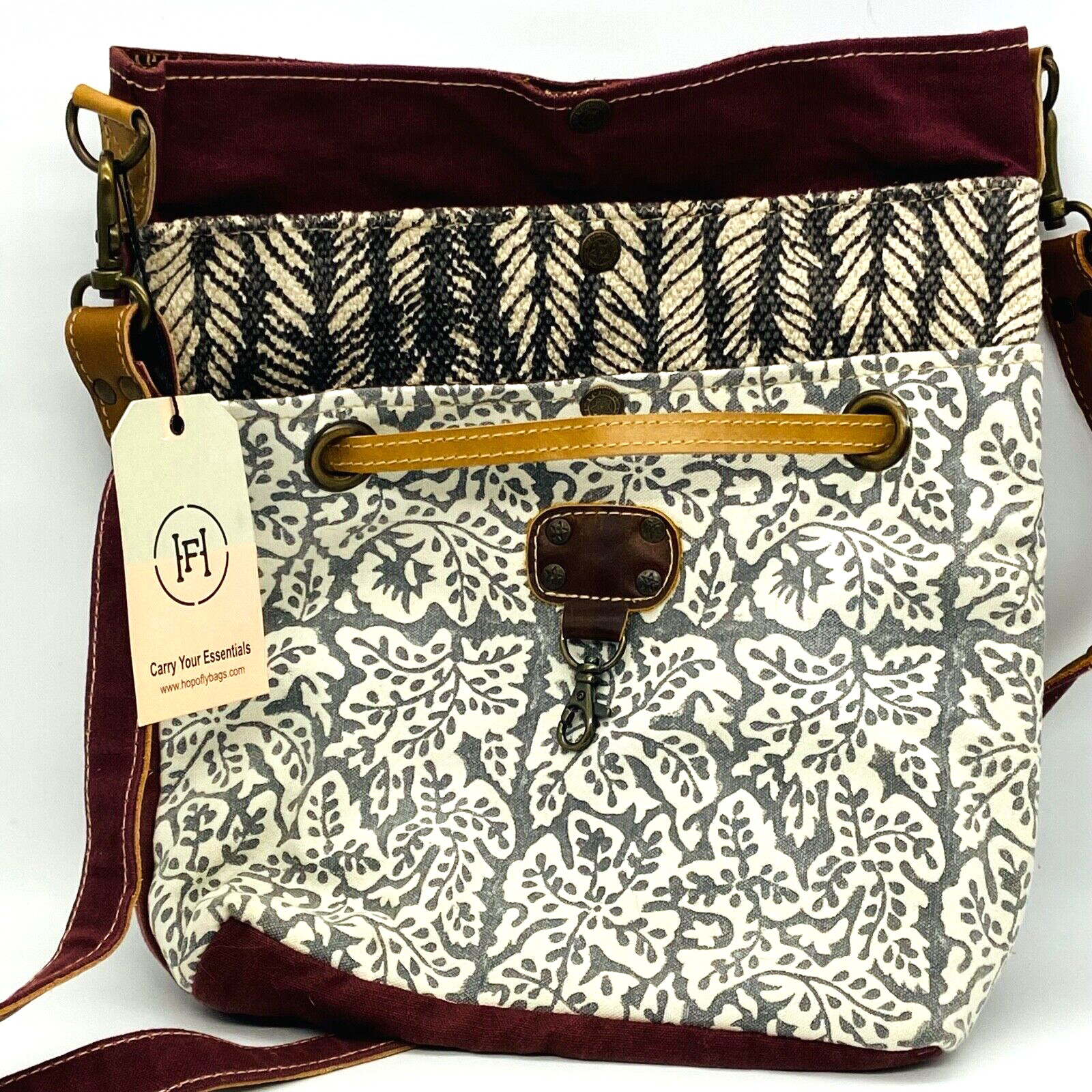 Hopofly Tote Bag Crossbody Grey Cream Burgundy Print Cotton and Leather NWT