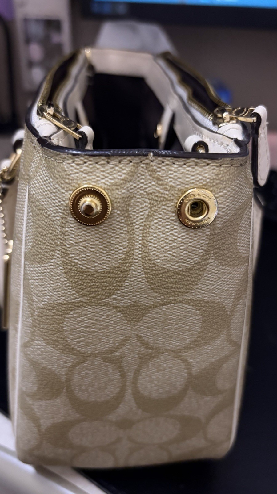 Coach Signature Logo Satchel Top Handle Zip Bag Beige/Ivory Gold Hardware