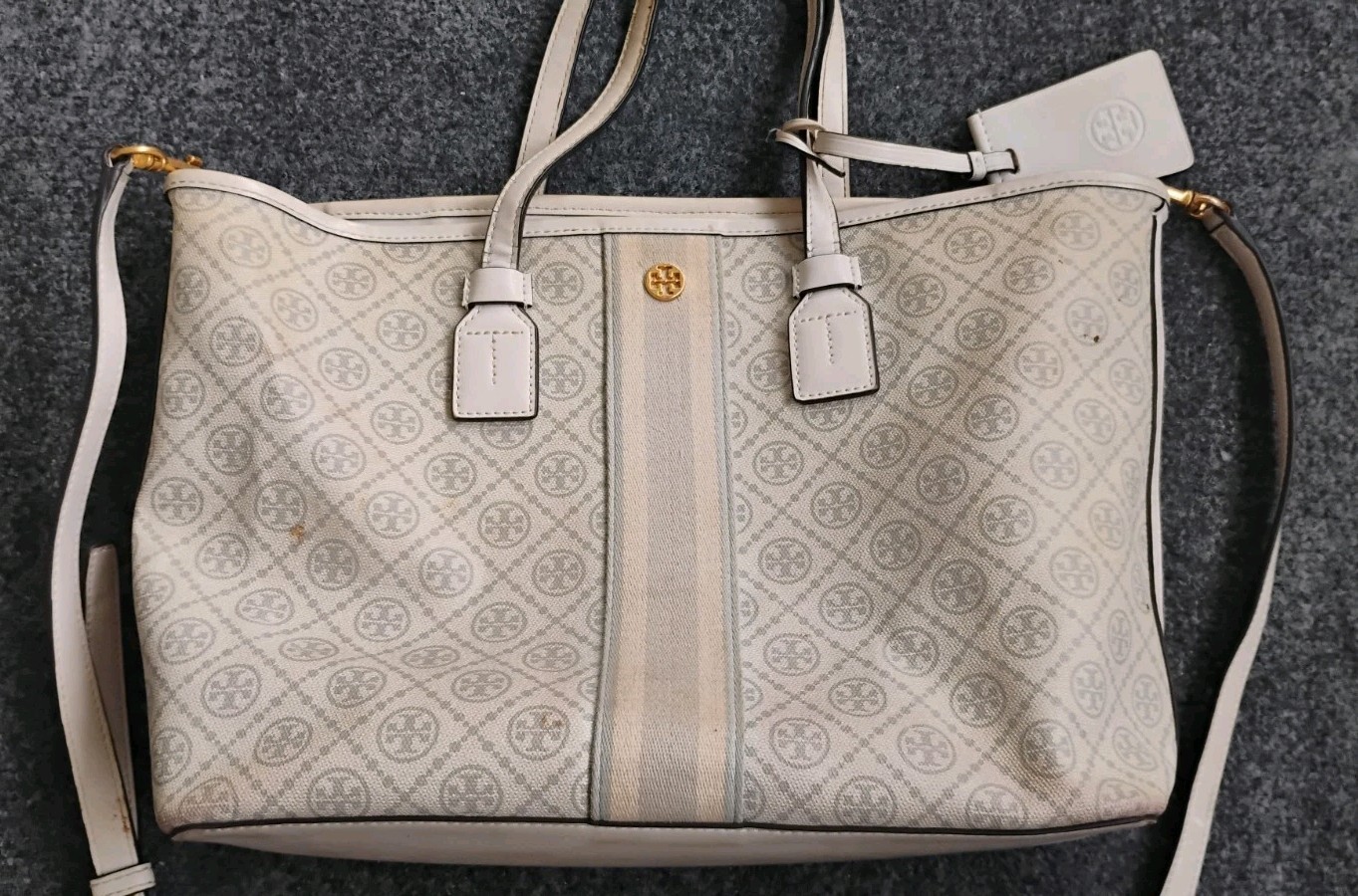 Tory Burch T Monogram Coated Top-Zip Tote Signature Logo Ivory/Gold