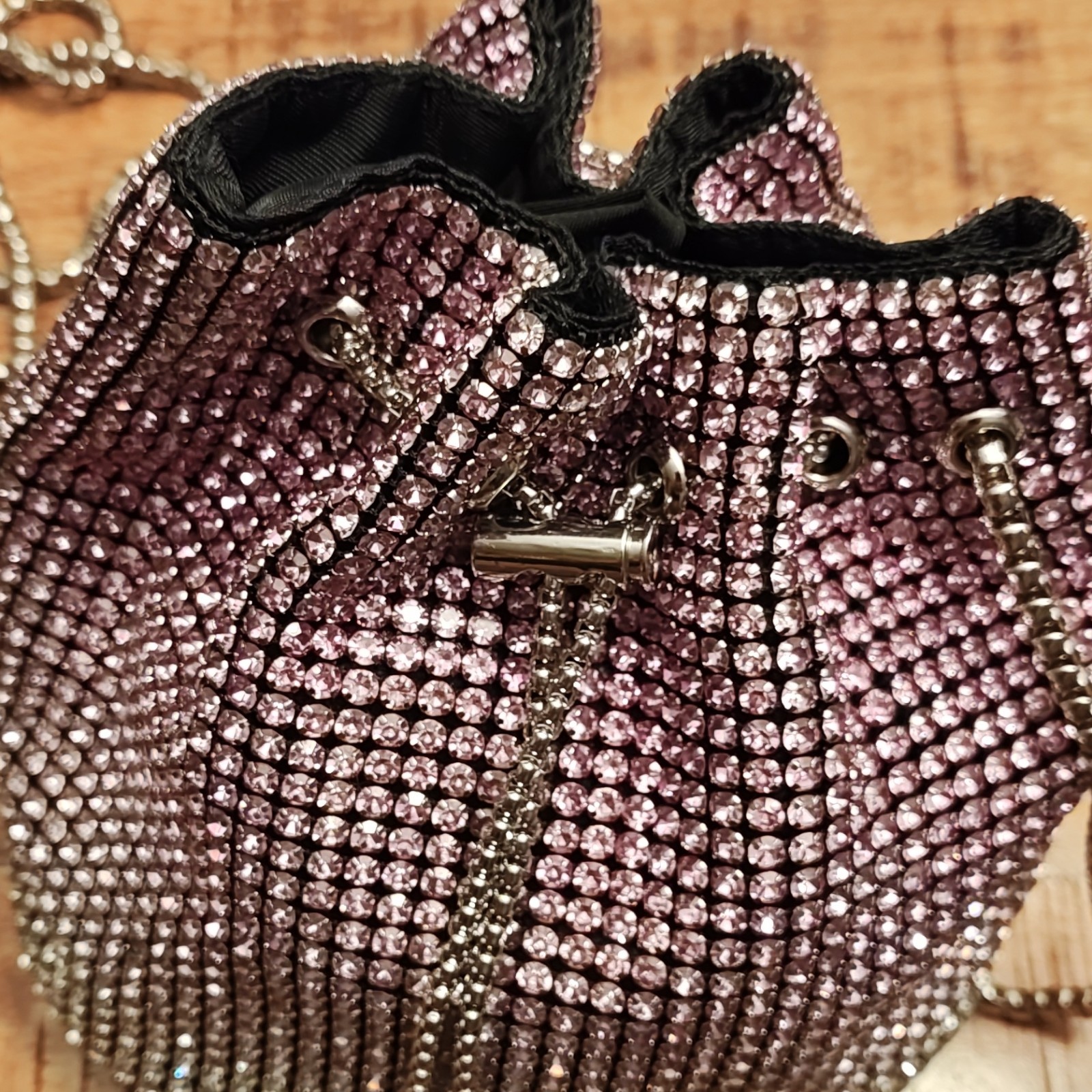 Pink/Silver Rhinestone Crystal Bucket Bag Drawstring Chain Crossbody