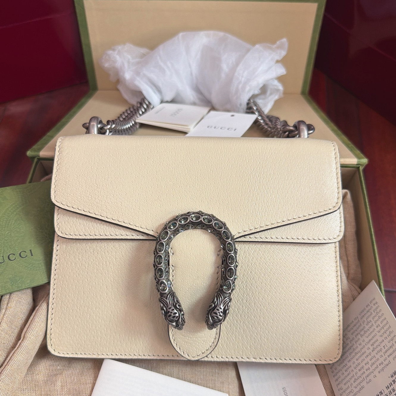 Excellent Gucci Dionysus PM White Leather Silver Chain Strap Shoulder Crossbody