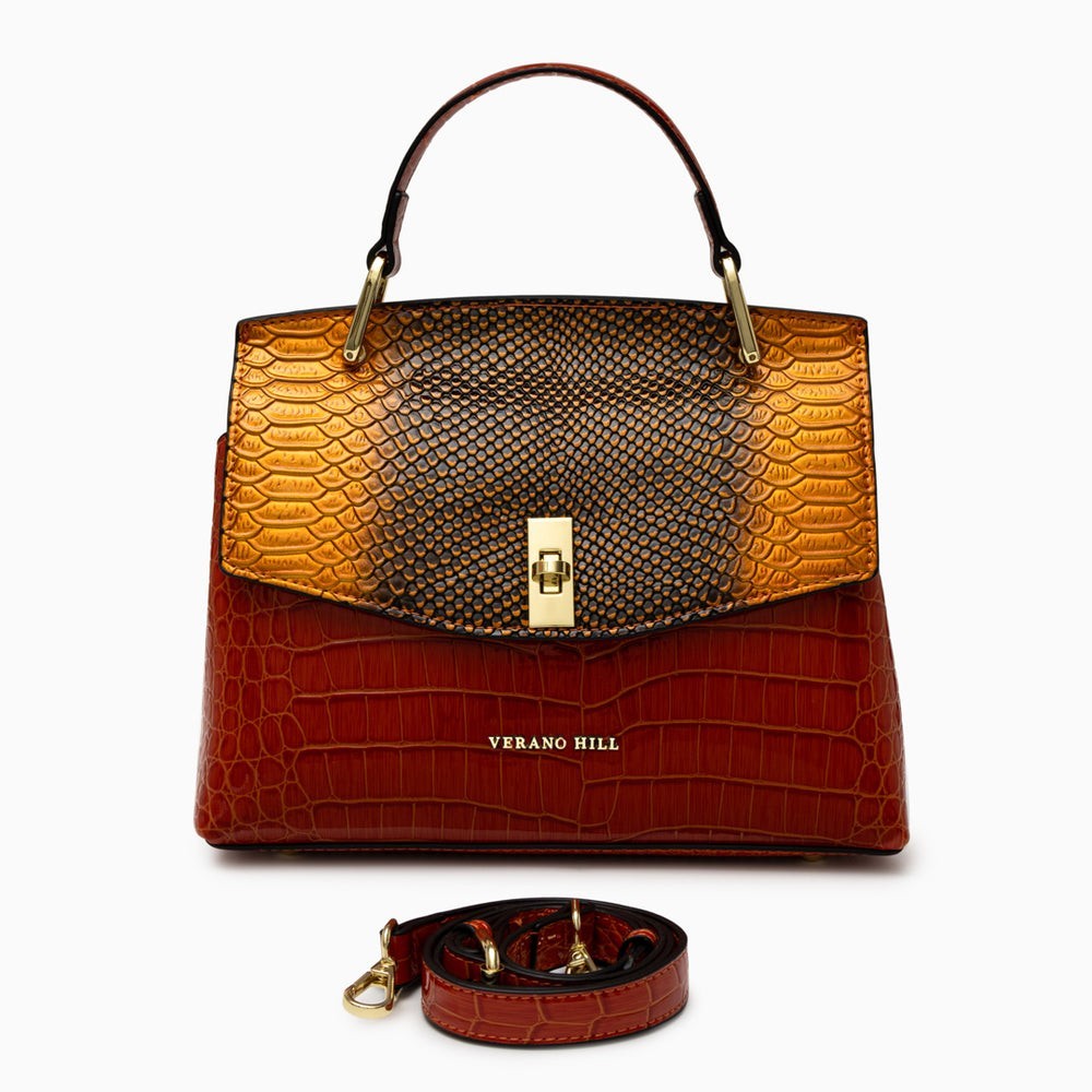 VERANO HILL Red & Gold Metallic Crocodile Satchel Top Handle Bag w Gold Hardware