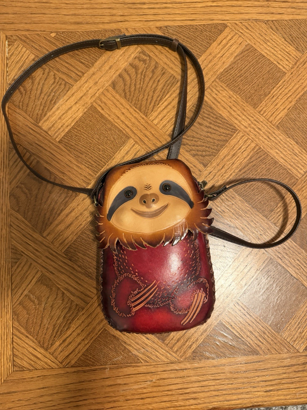 Red Sloth Shoulder Bag with Applique, Embossed & Strap Accents
