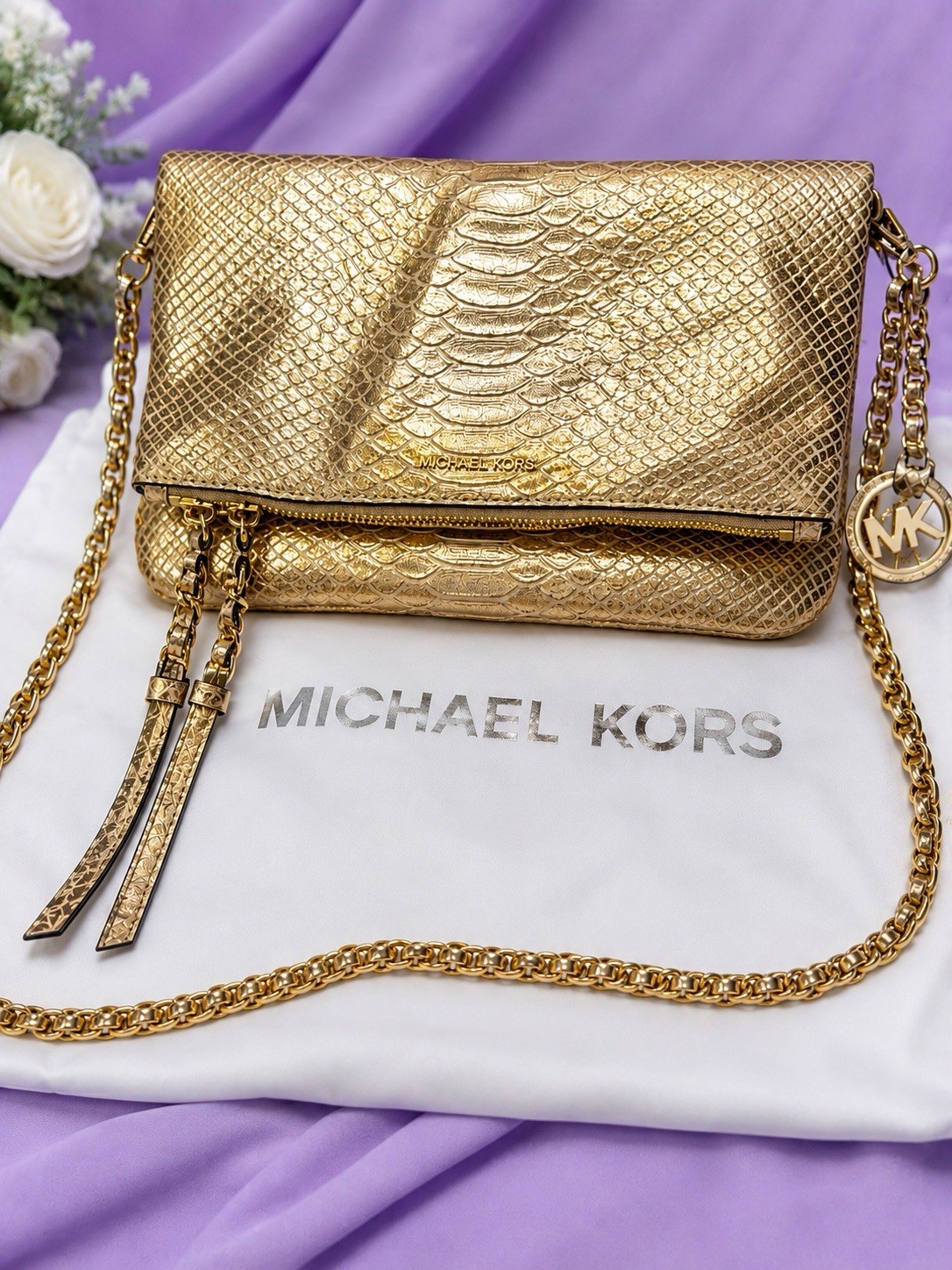 Michael Kors Gold Metallic Animal Print Embossed Crossbody Clutch Chain Zip