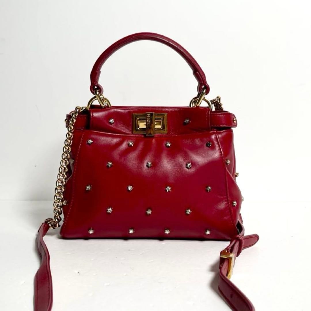Fendi Peekaboo XS 2Way Handbag Red Leather Crystal Studs Gold Chain Shoulder Bag
