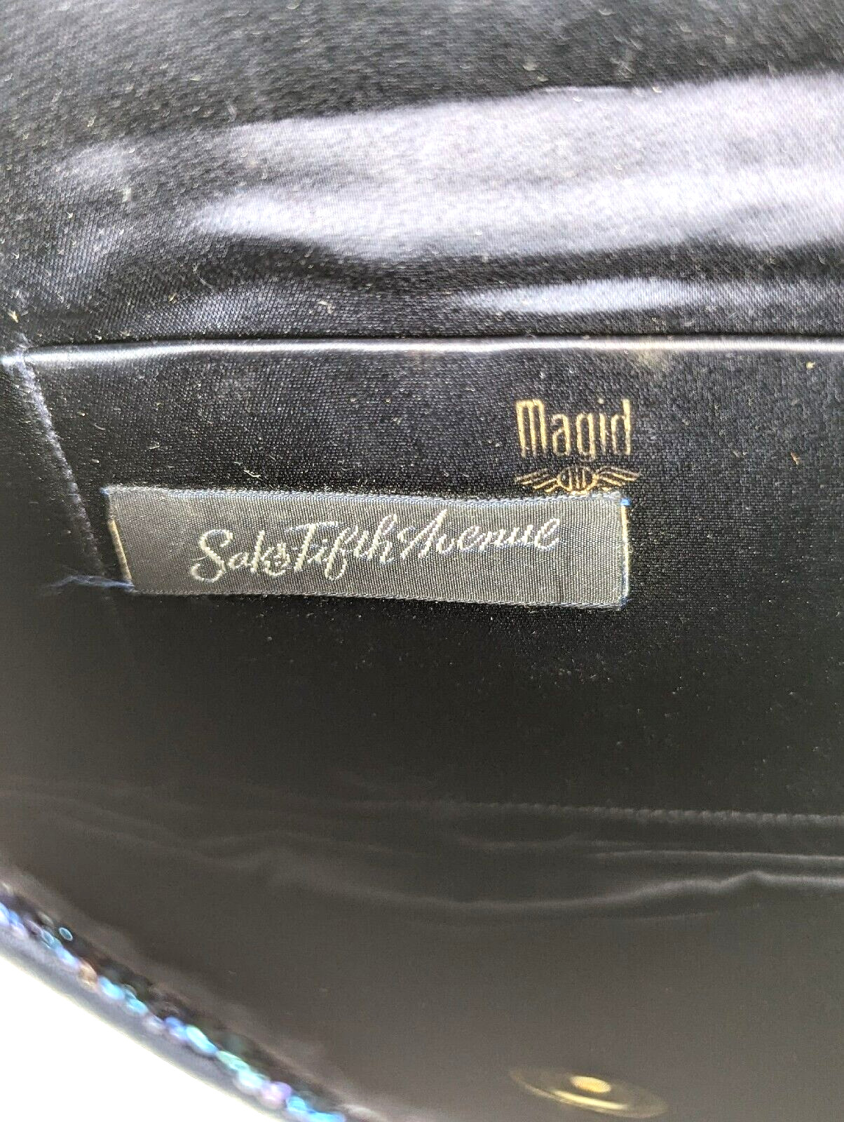 1960s Magid Black Purse Handbag Saks Fifth Avenue Luxury Blue Beaded Snap Clutch