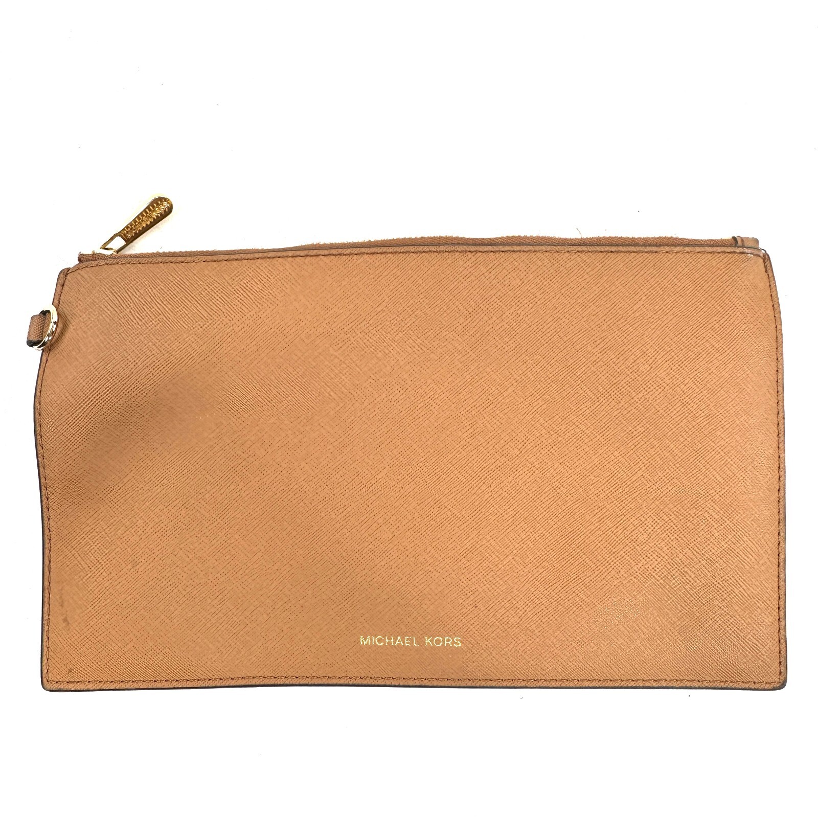 Michael Kors Brown Saffiano Leather Large Pouch Clutch Purse Wallet Brass