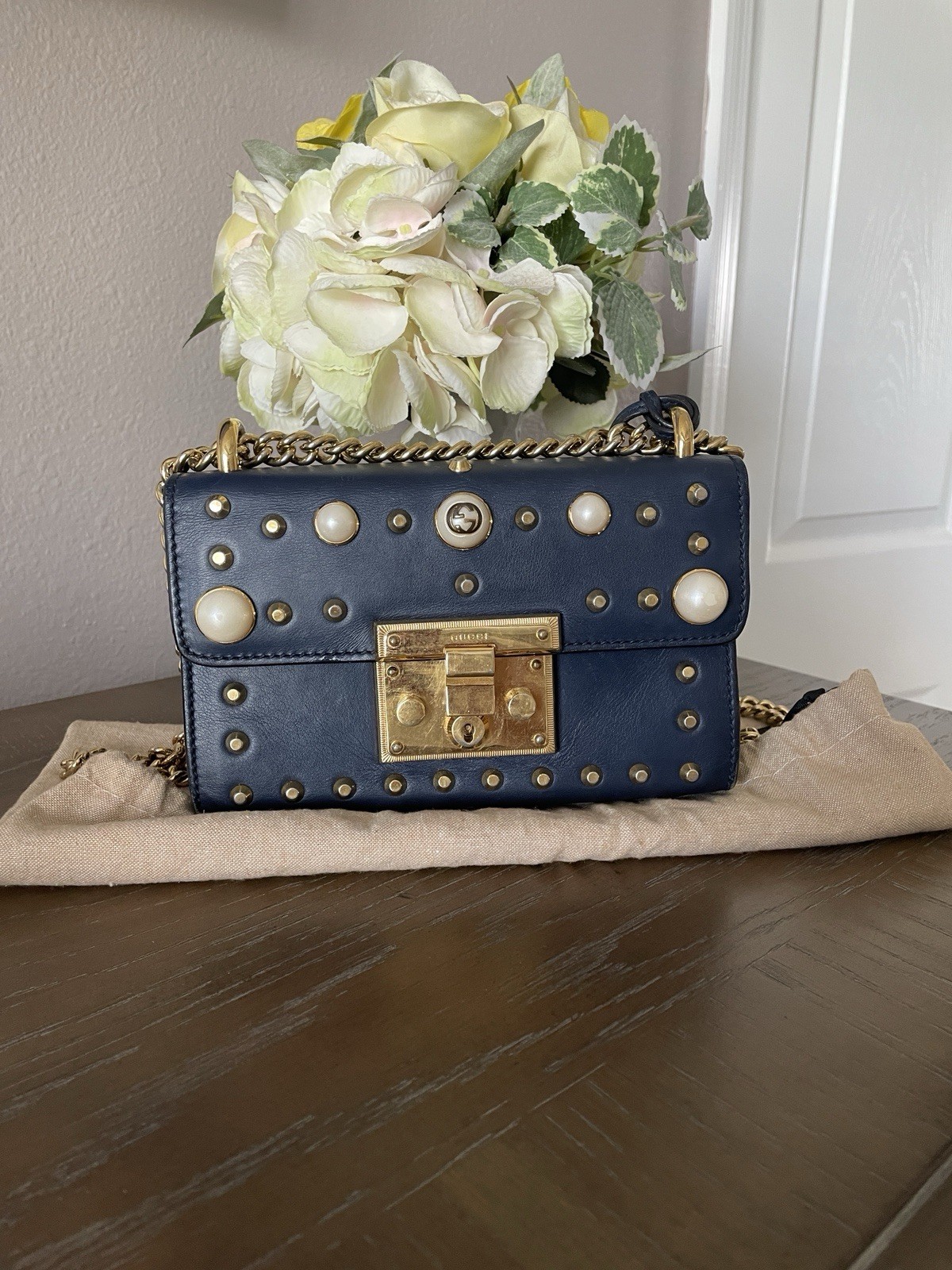 Gucci Navy Blue Studded Pearl Shoulder Padlock Bag Chain Strap Gold Hardware