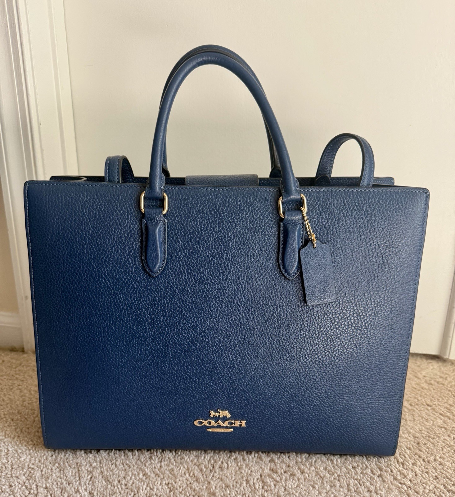 NWT Coach Maggie Tote Bag Refined pebble leather CY666 Gold/Deep Blue
