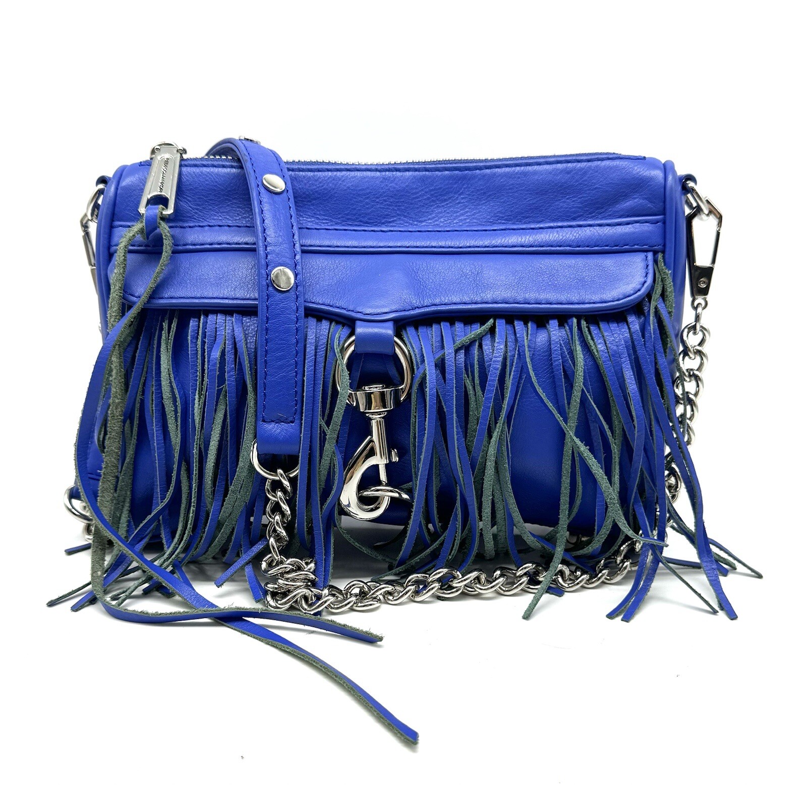 Rebecca Minkoff Mini MAC Fringe Crossbody Bag Cobalt Blue Leather Chain NWOT