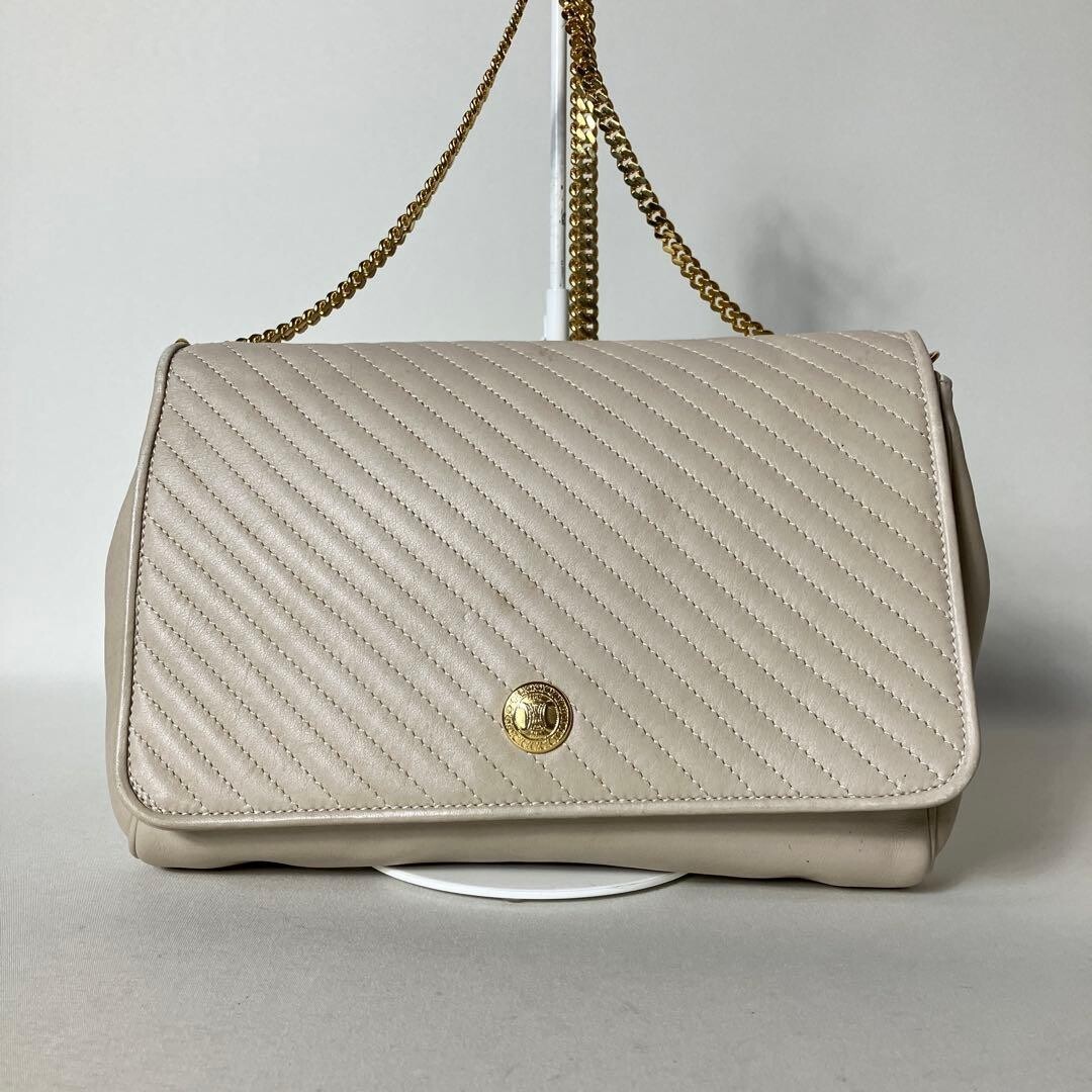 CELINE Triomphe Greige Leather Shoulder Bag Chain Strap Gold Hardware Authentic