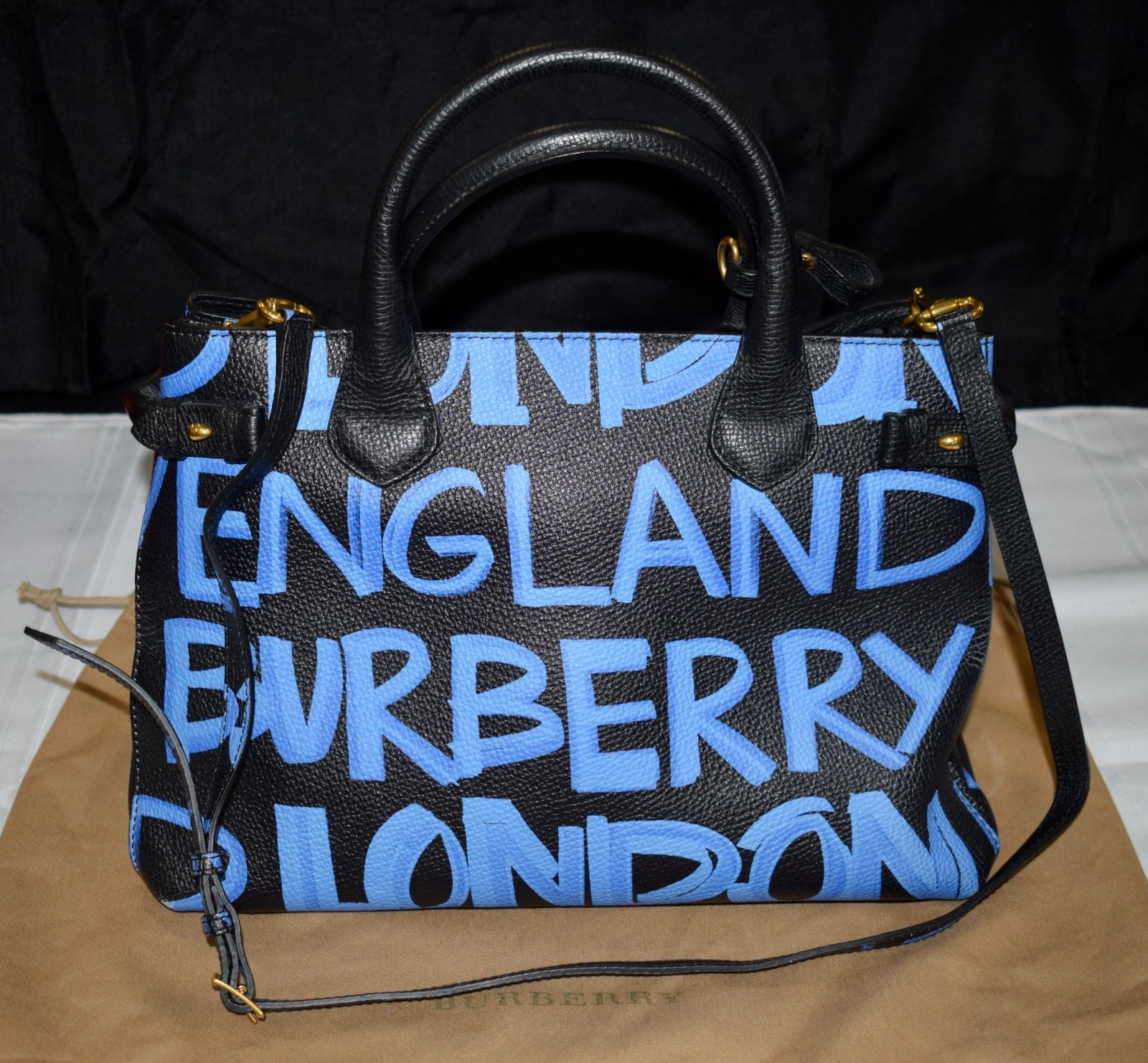 Authentic Burberry Black & Blue Graffiti Print Calfskin Medium Tote Purse Bag