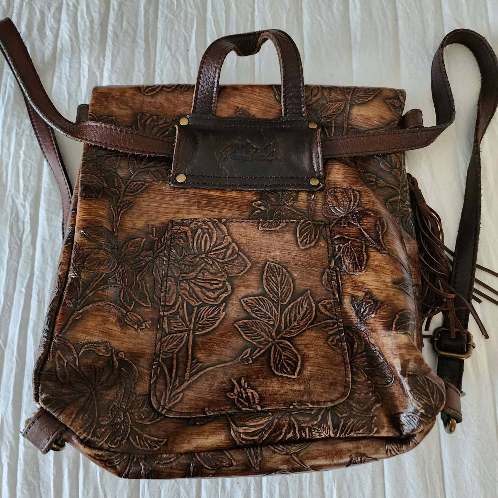 Patricia Nash Luzille Convertible Backpack Floral Embossed Leather Brown Tassel