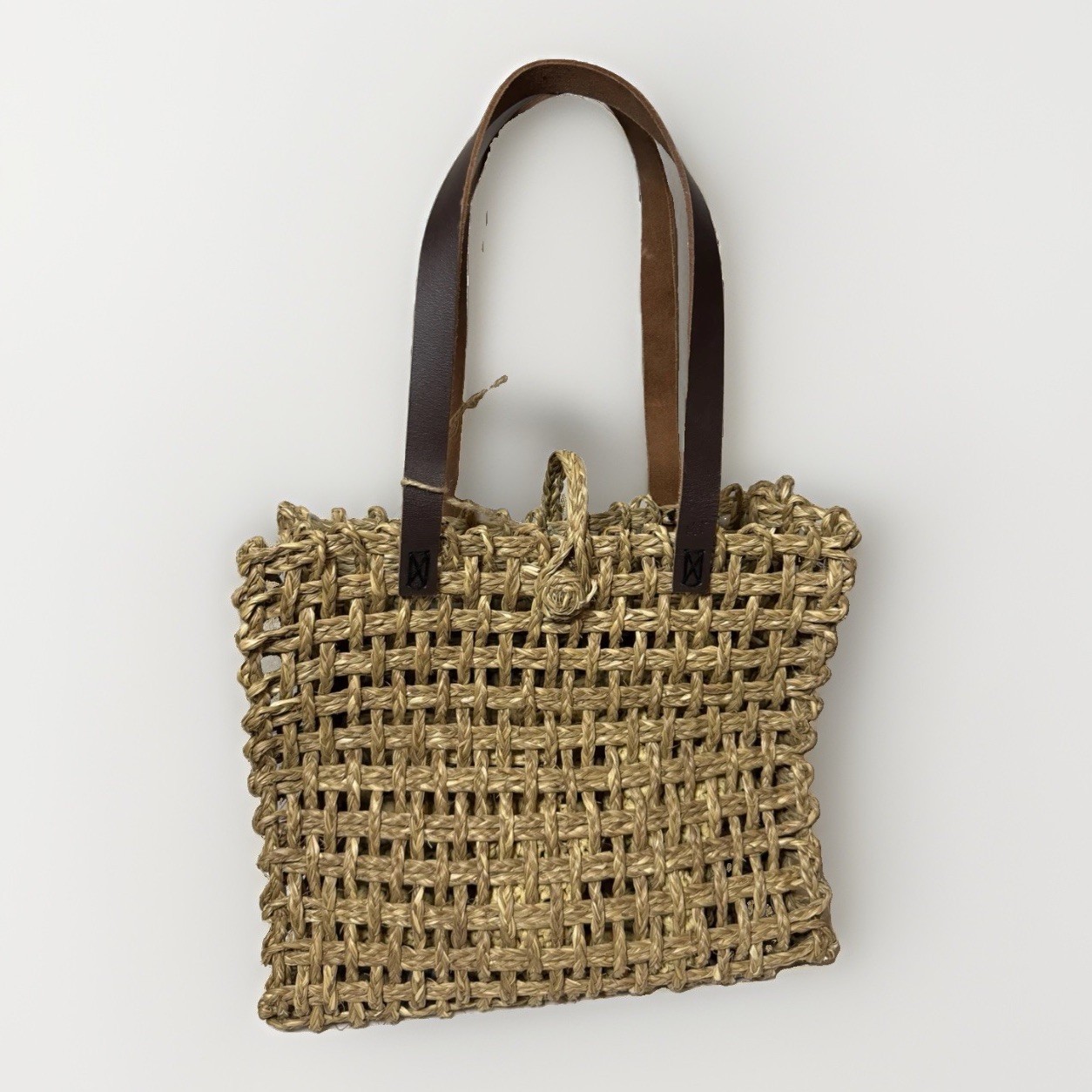 Kadam Haat Handmade Sabai Grass Mesh Tote Bag Natural Woven Leather Handles