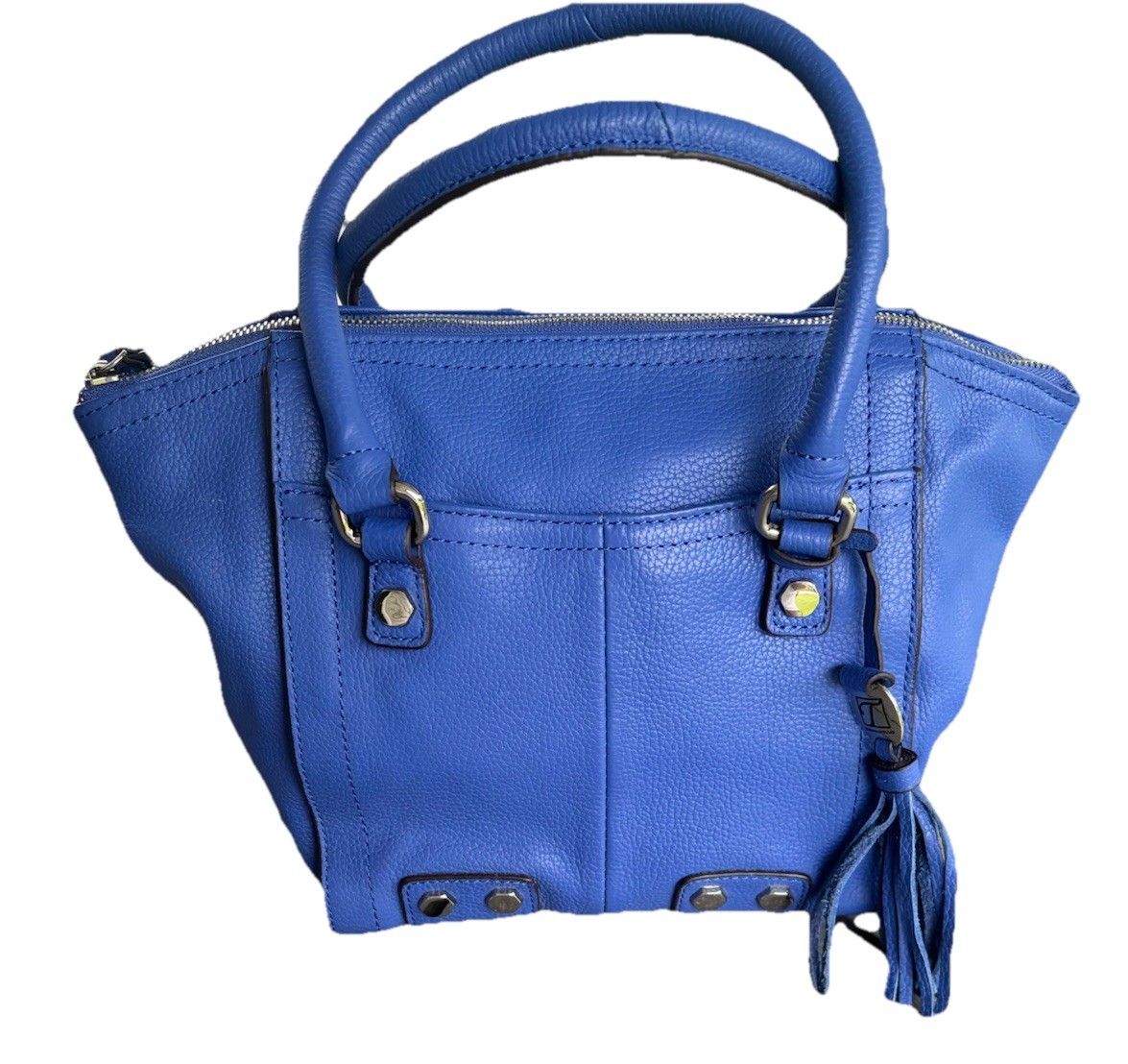 Tignanello lapis Blue Pebbled Leather Satchel Card Slots Bag Tassel Key Ring